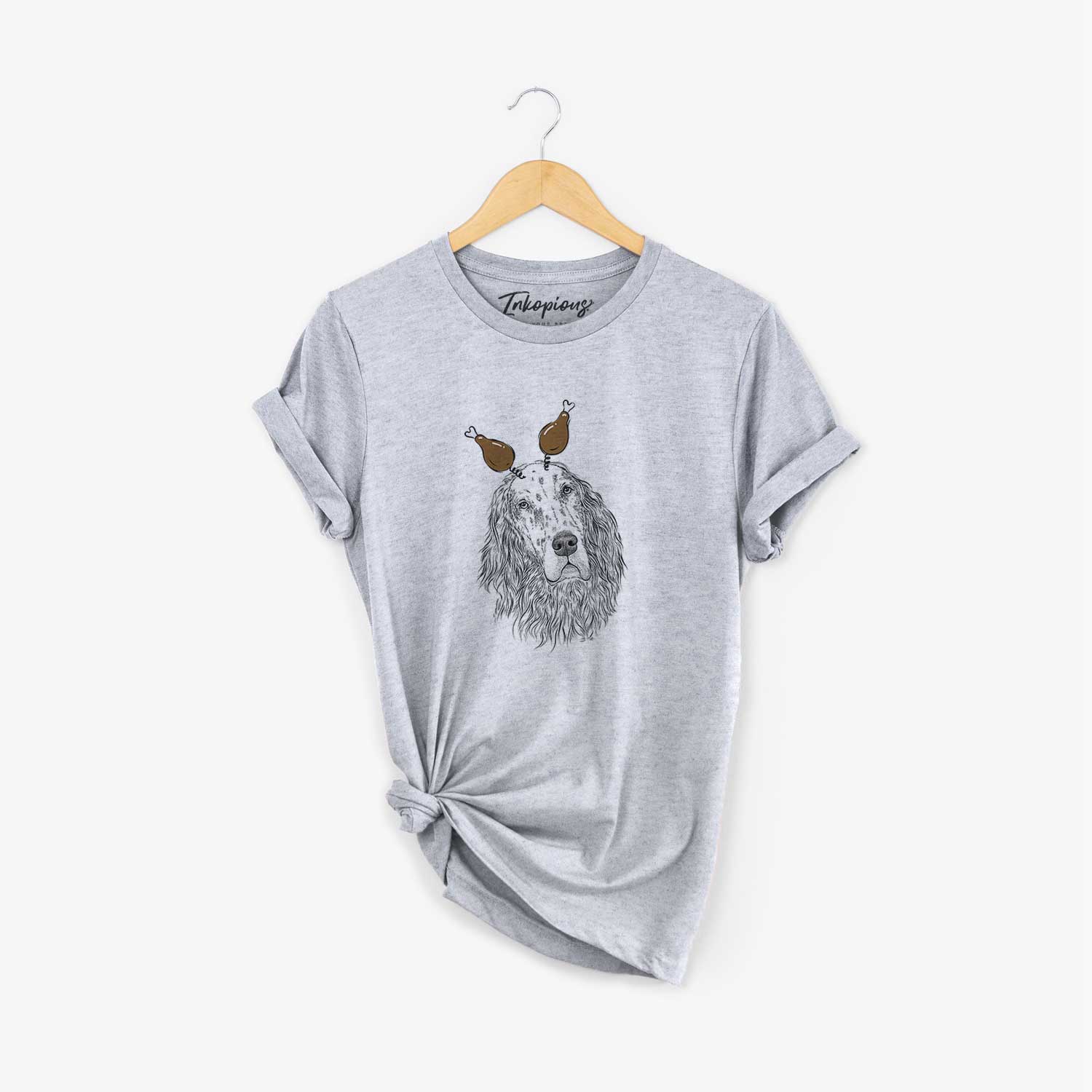 Hand-drawn sketch of Dexter the English Setter with a Thanksgiving turkey headpiece on a Grey Unisex crewneck
