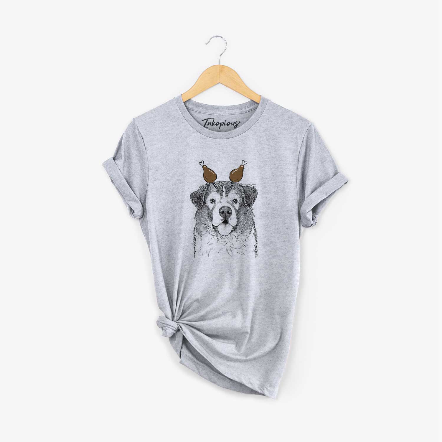 Hand-drawn sketch of Dilly the Saint Bernard with a Thanksgiving turkey headpiece on a Grey Unisex crewneck
