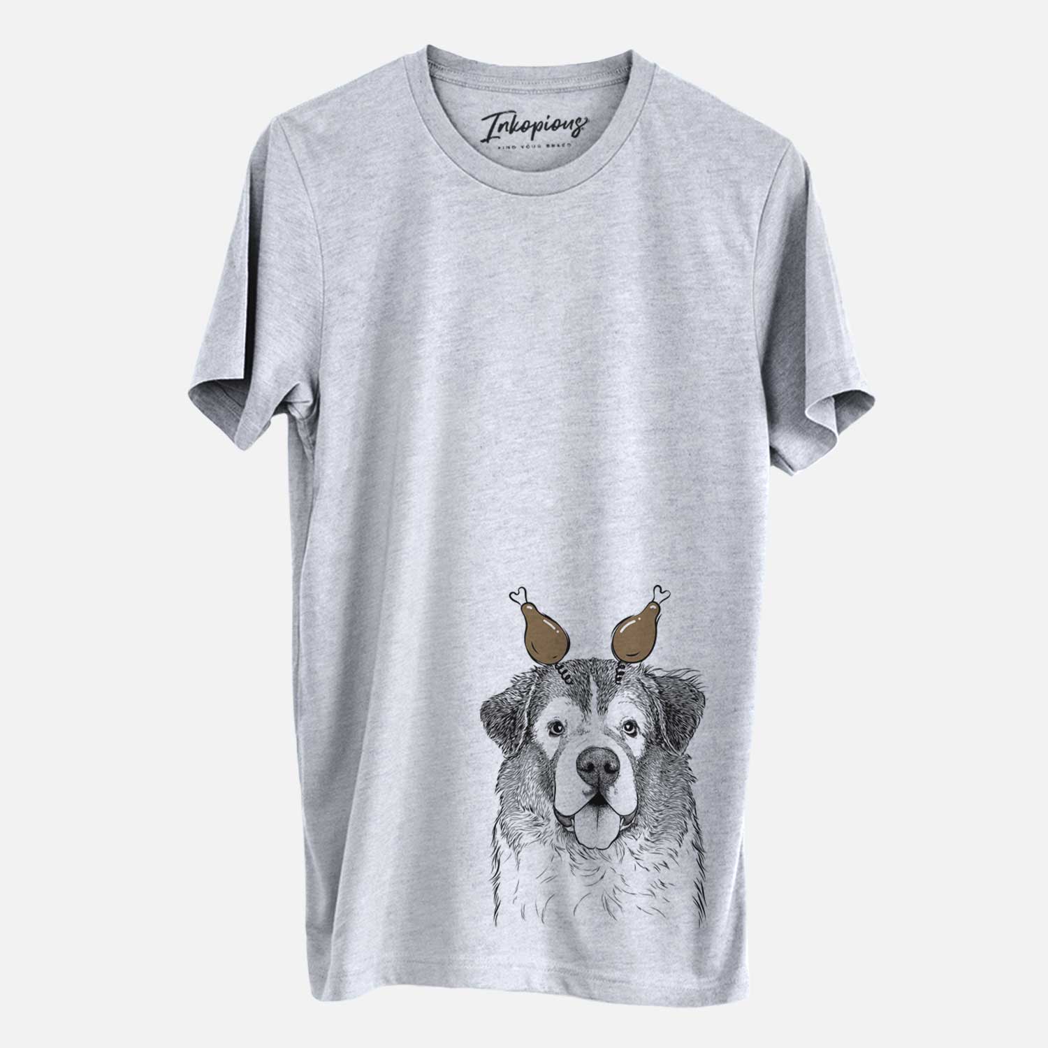 Hand-drawn sketch of Dilly the Saint Bernard with a Thanksgiving turkey headpiece on a Grey Unisex crewneck