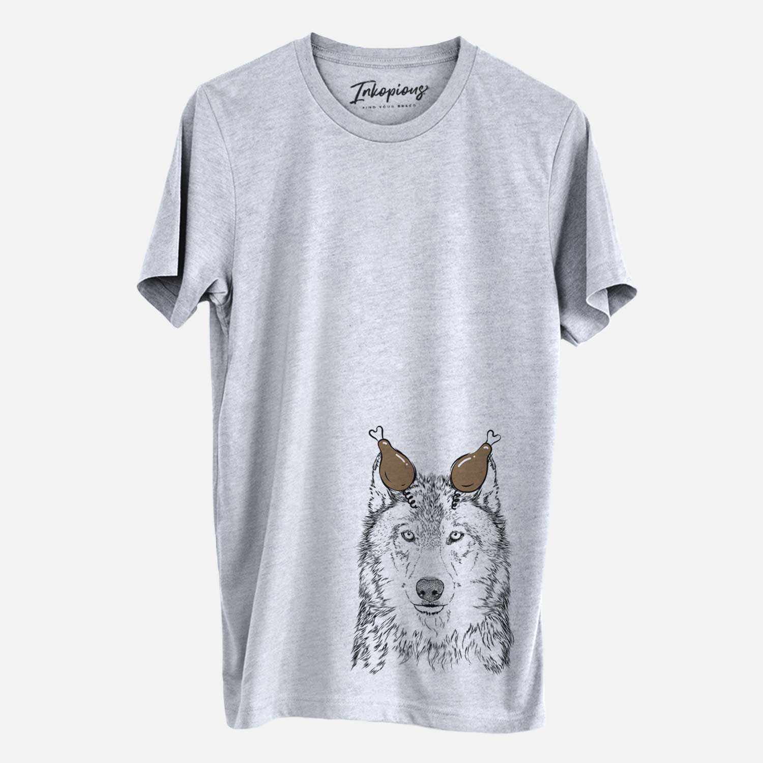 Hand-drawn sketch of Django the Grey Wolf with a Thanksgiving turkey headpiece on an Unisex crewneck