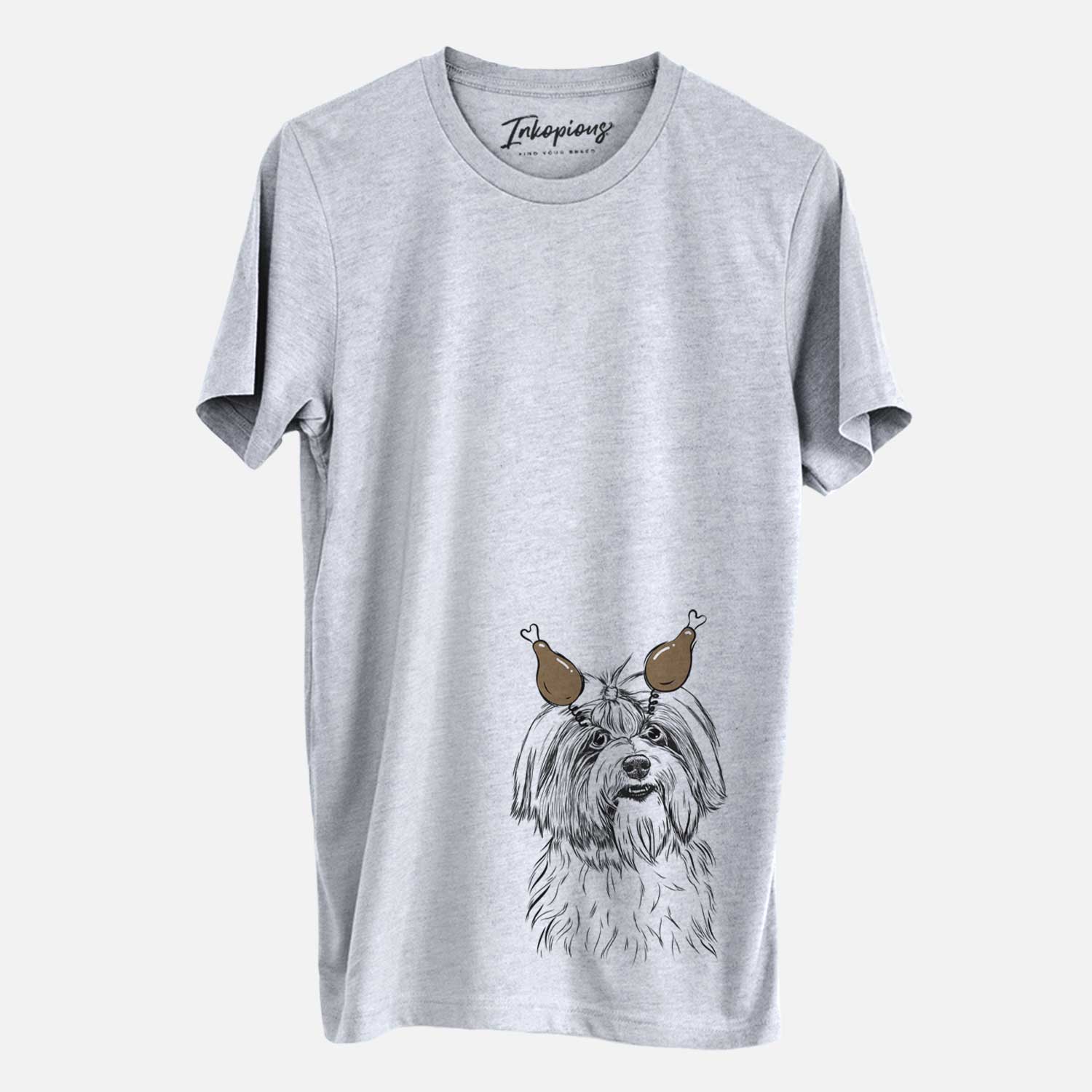 Hand-drawn sketch of Dooley the Havanese with a Thanksgiving turkey headpiece on a Grey Unisex crewneck