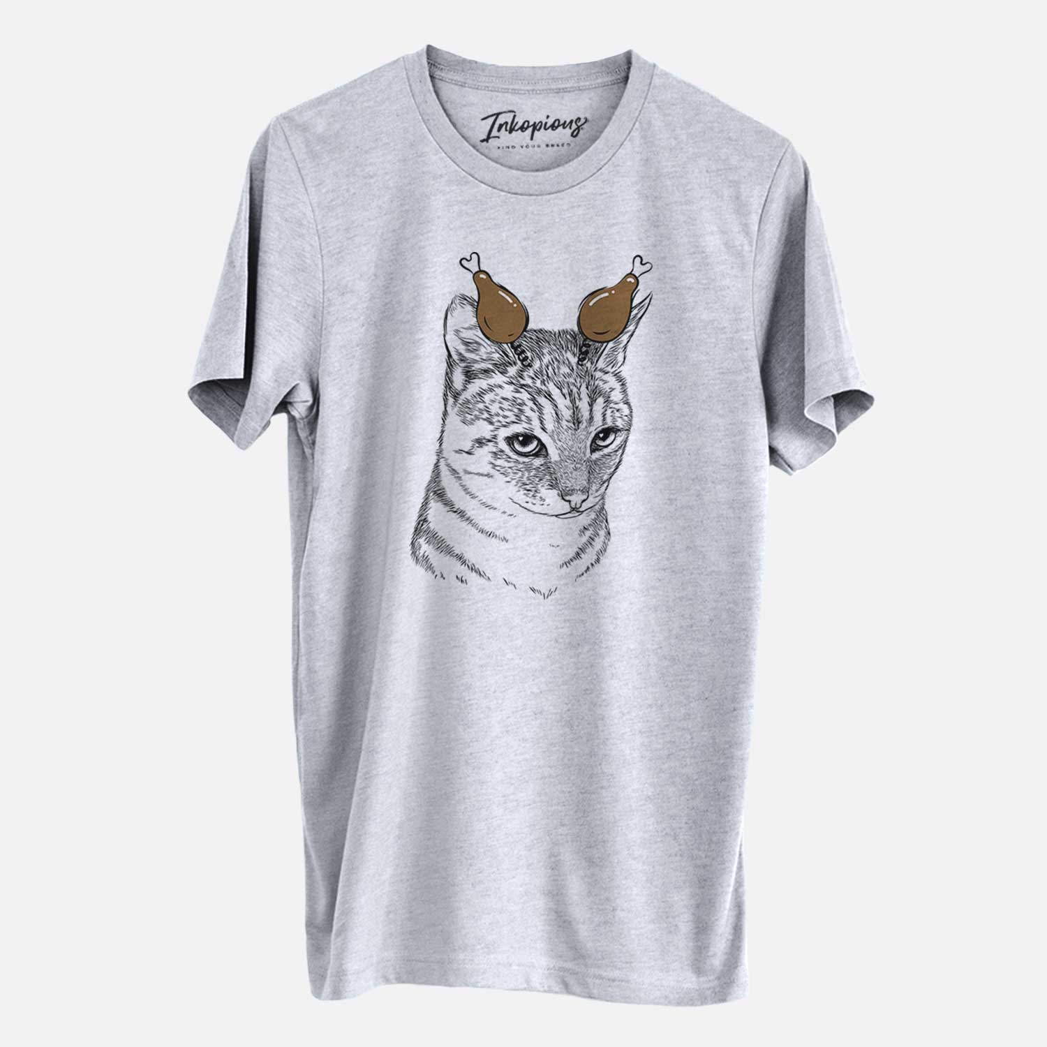 Hand-drawn sketch of Dora the Tabby Cat with a Thanksgiving turkey headpiece on a Grey Unisex crewneck