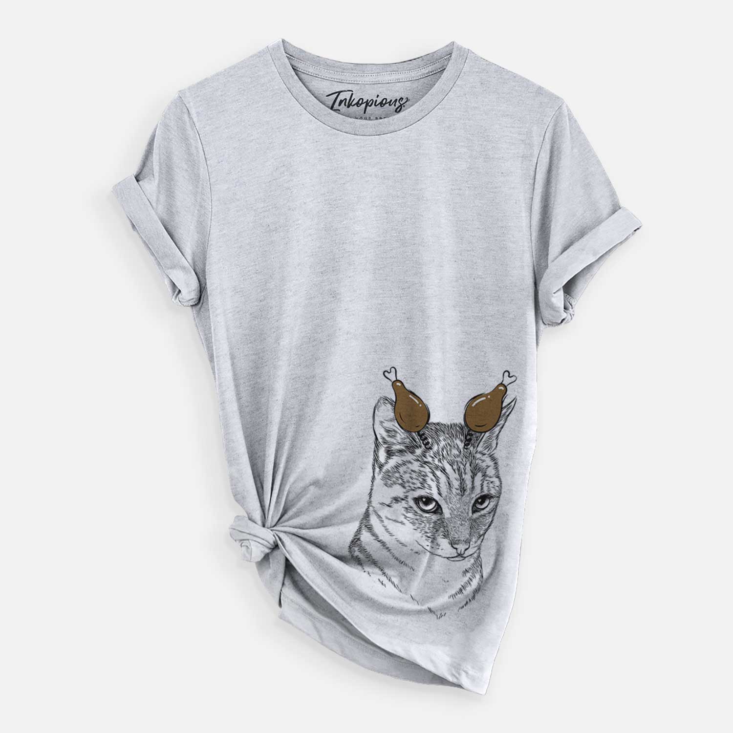 Hand-drawn sketch of Dora the Tabby Cat with a Thanksgiving turkey headpiece on a Grey Unisex crewneck
