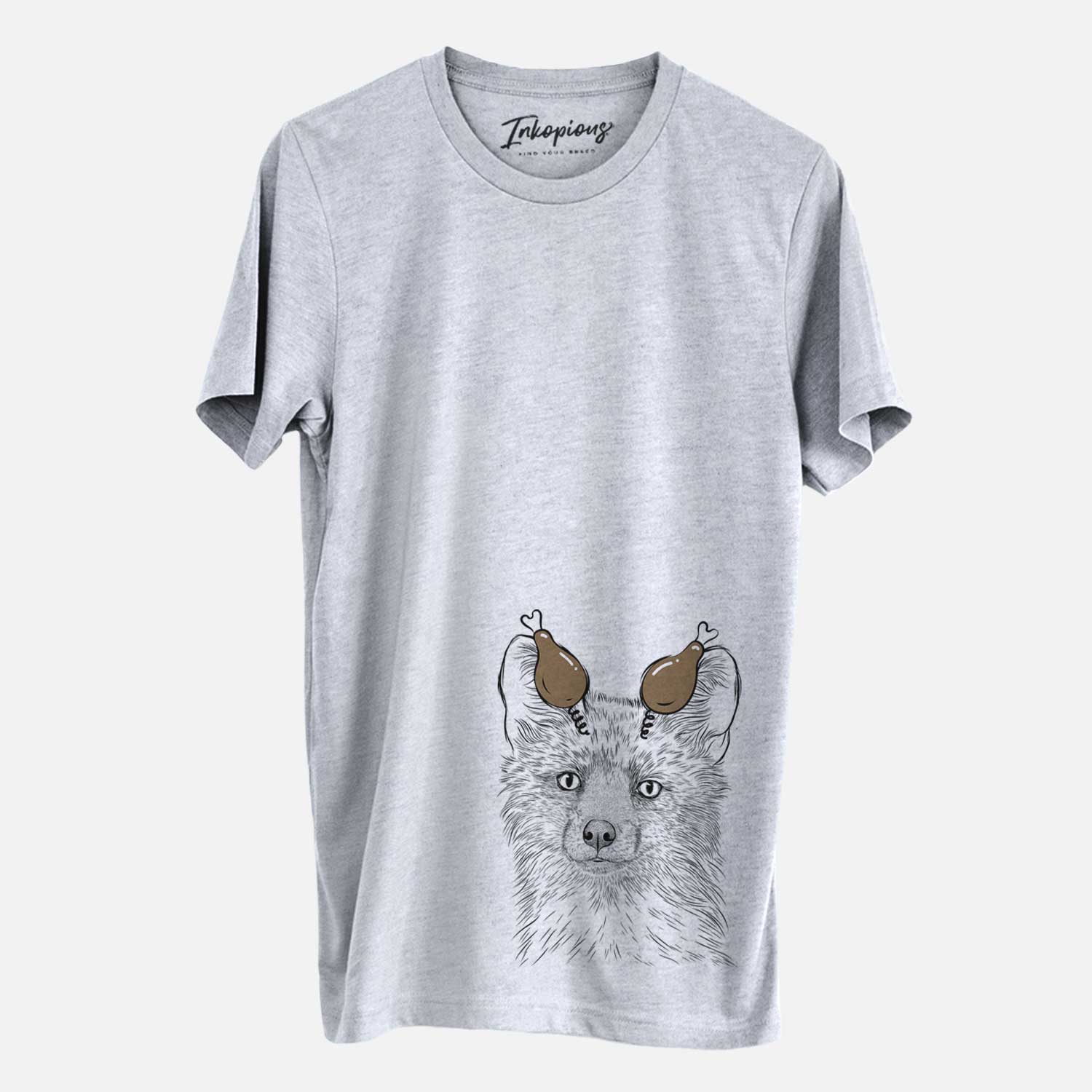 Hand-drawn sketch of Drax the Red Fox with a Thanksgiving turkey headpiece on a Grey Unisex crewneck