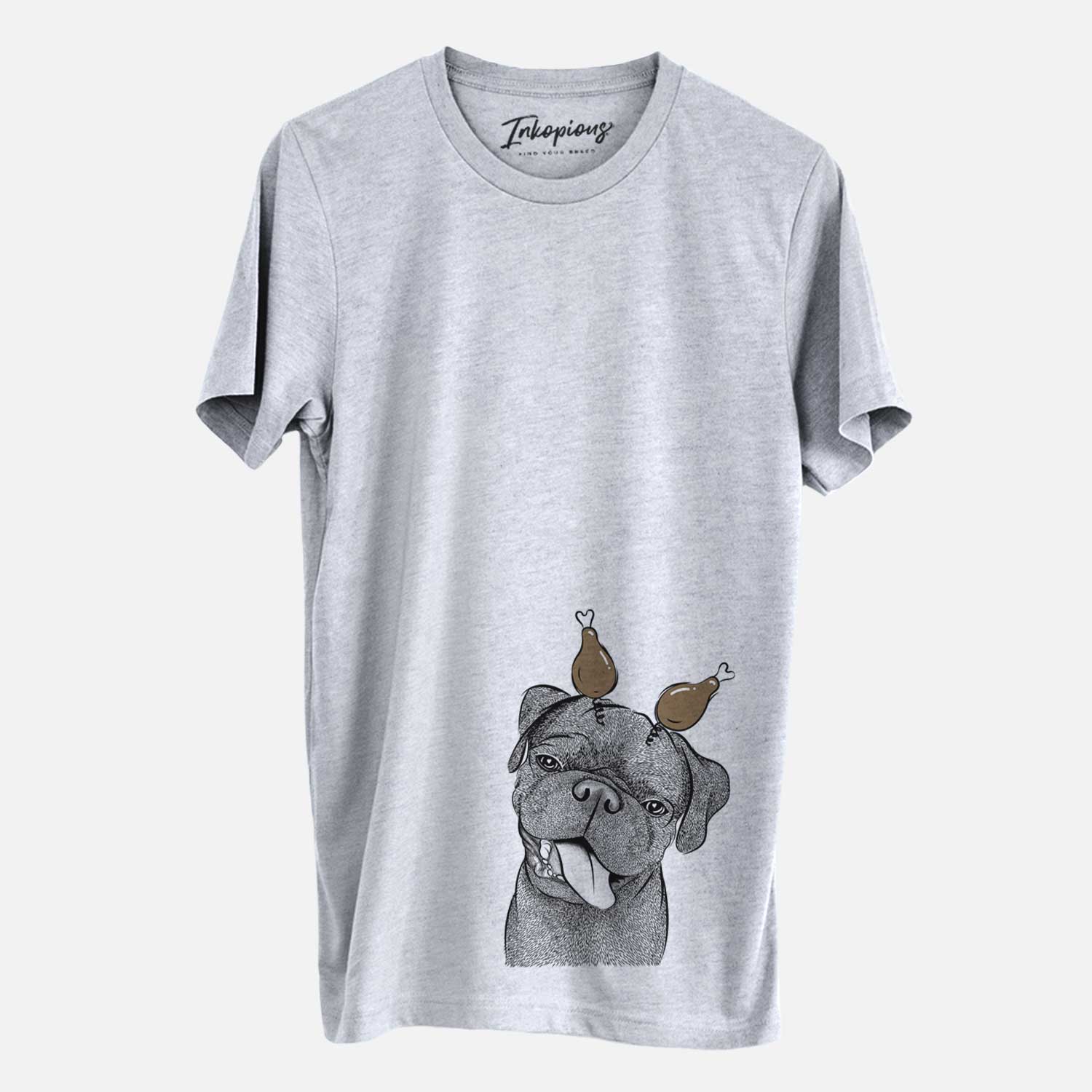 Hand-drawn sketch of Dudley Danger the Pug with a Thanksgiving turkey headpiece on a Grey Unisex crewneck