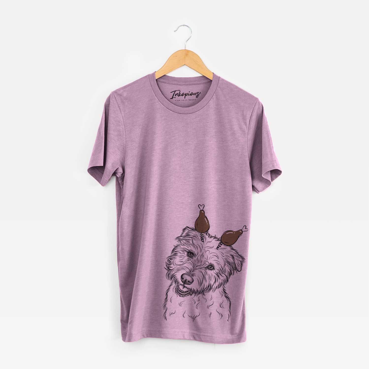 Hand-drawn sketch of Duffy the Glen of Imaal Terrier with a Thanksgiving turkey headpiece on an Orchid Unisex crewneck