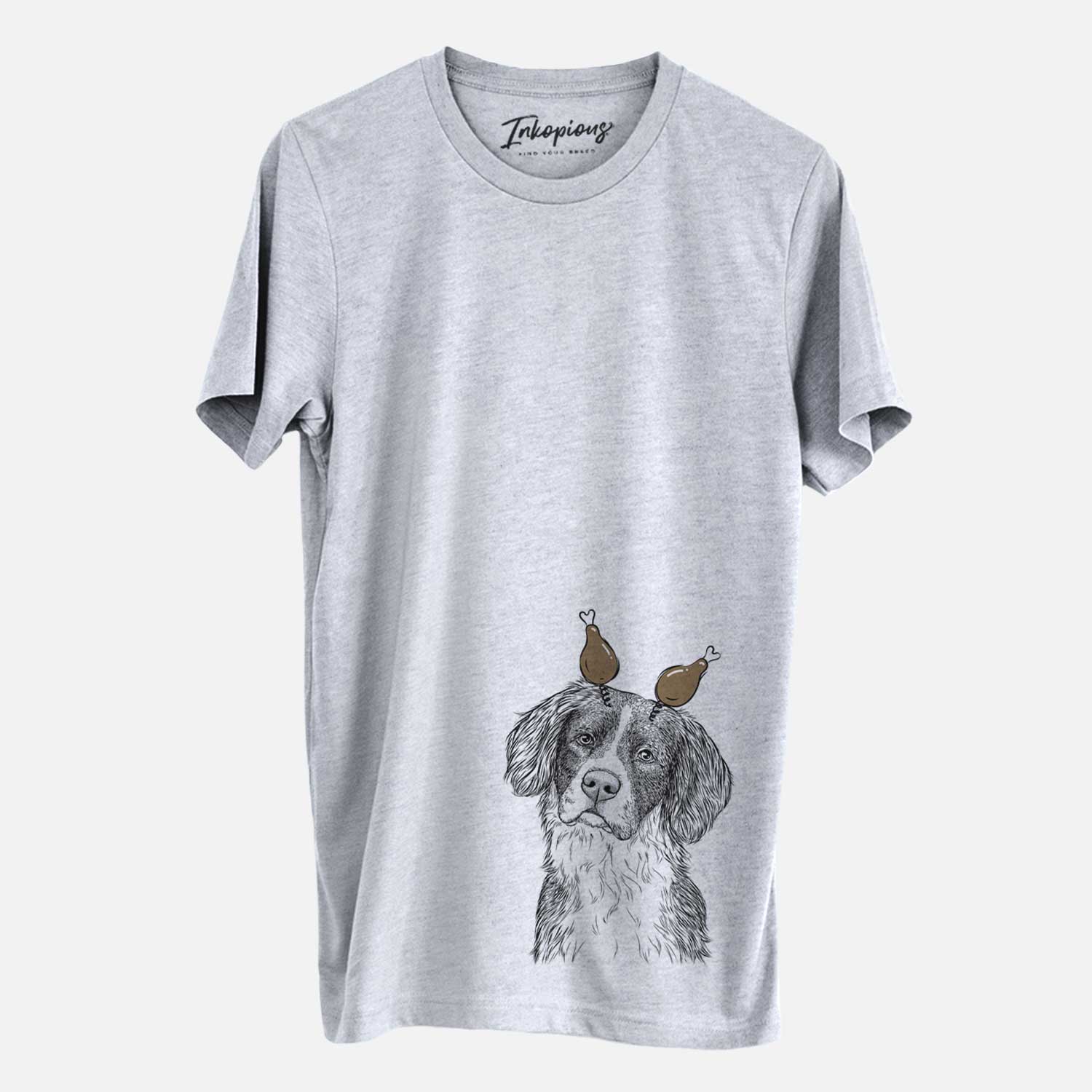 Hand-drawn sketch of Dulce the Drentsche Patrijshond with a Thanksgiving turkey headpiece on a Grey Unisex crewneck
