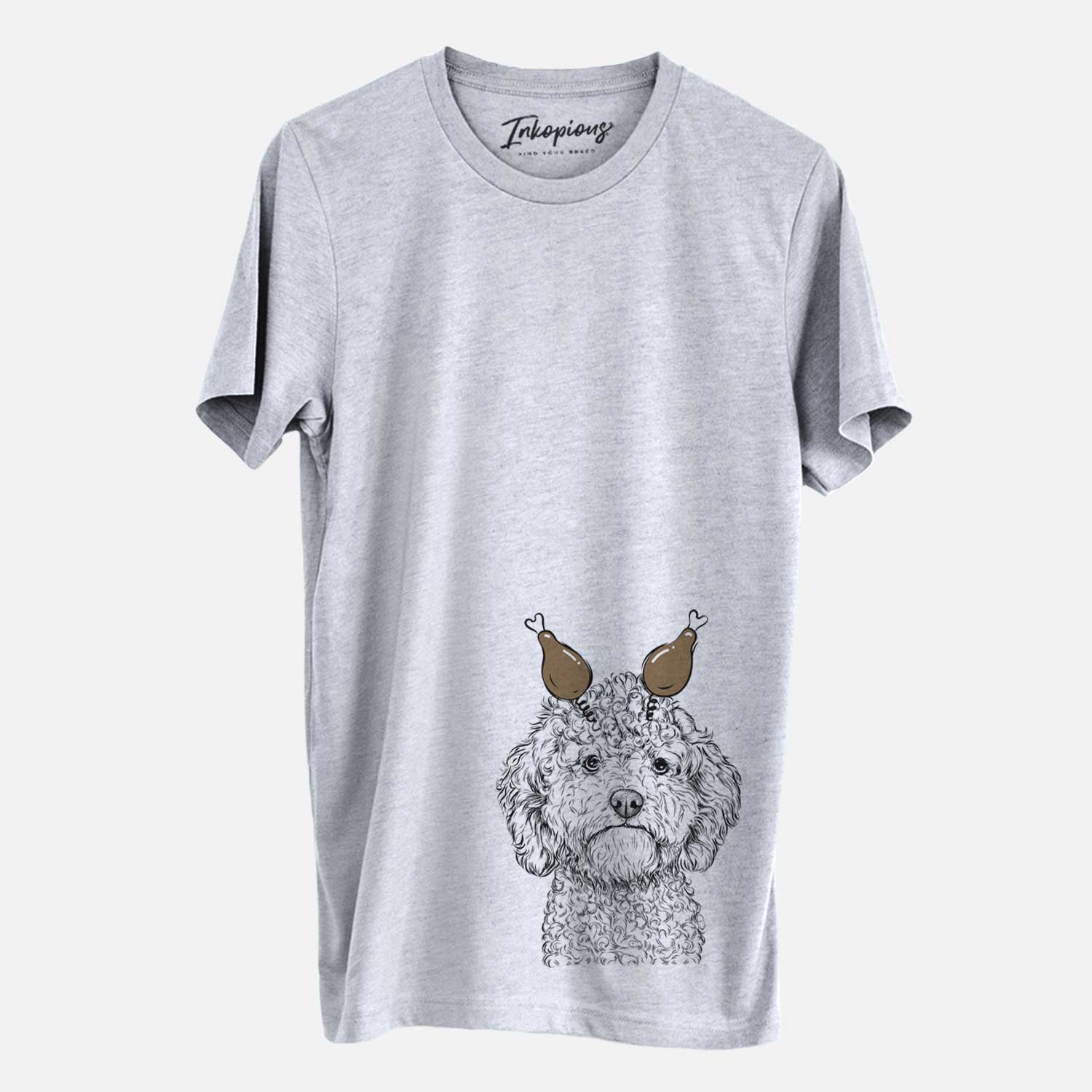 Hand-drawn sketch of Edgar the Shihpoo with a Thanksgiving turkey headpiece on a Grey Unisex crewneck