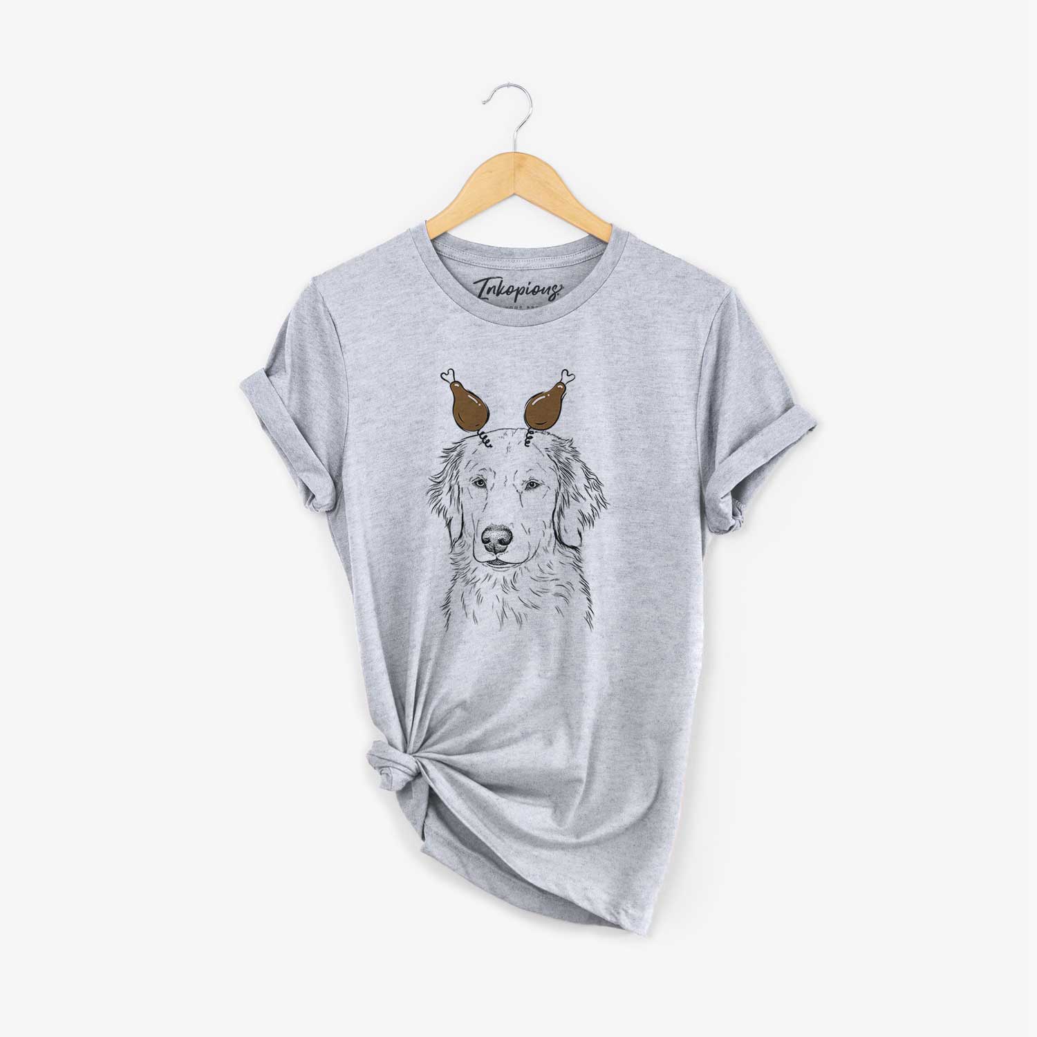 Hand-drawn sketch of Eli the Golden Retriever with a Thanksgiving turkey headpiece on a Grey Unisex crewneck