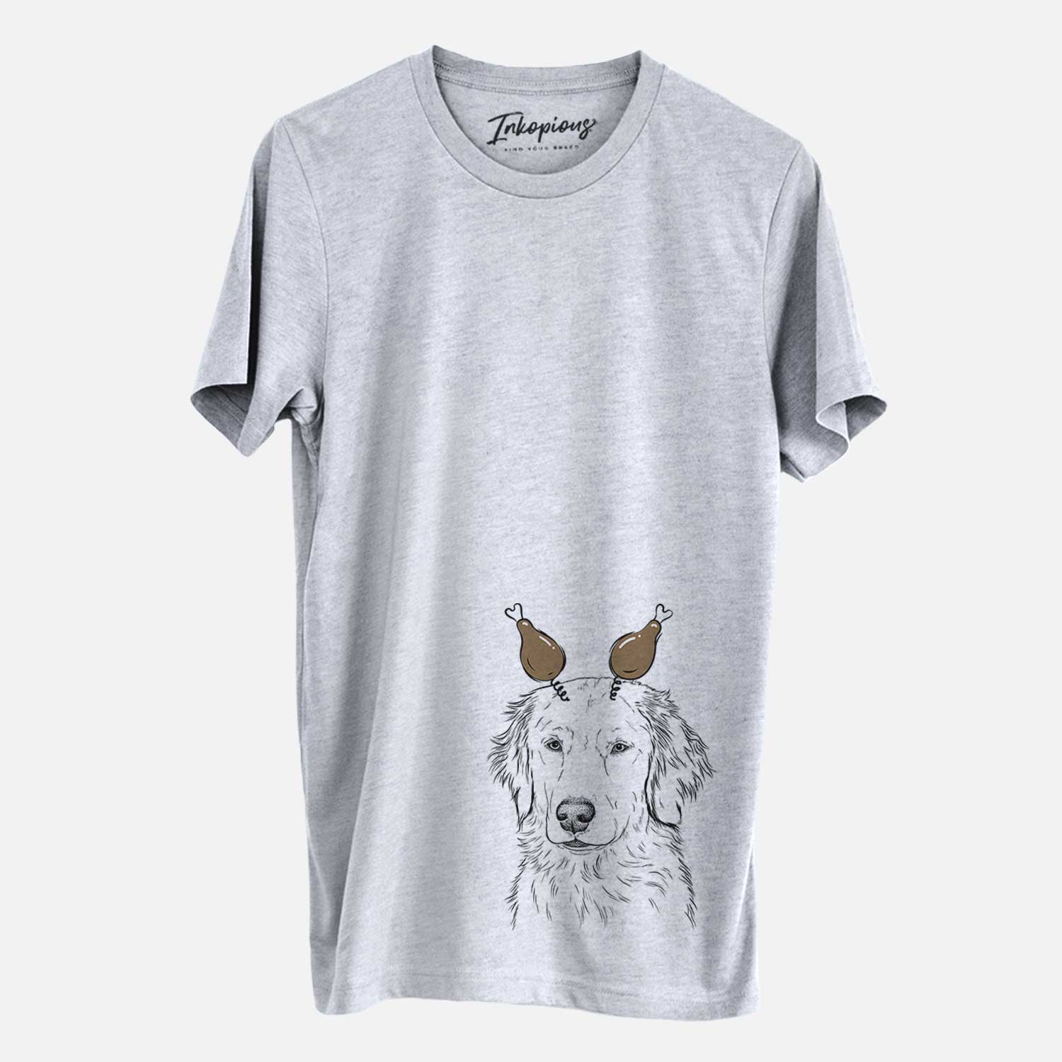 Hand-drawn sketch of Eli the Golden Retriever with a Thanksgiving turkey headpiece on a Grey Unisex crewneck