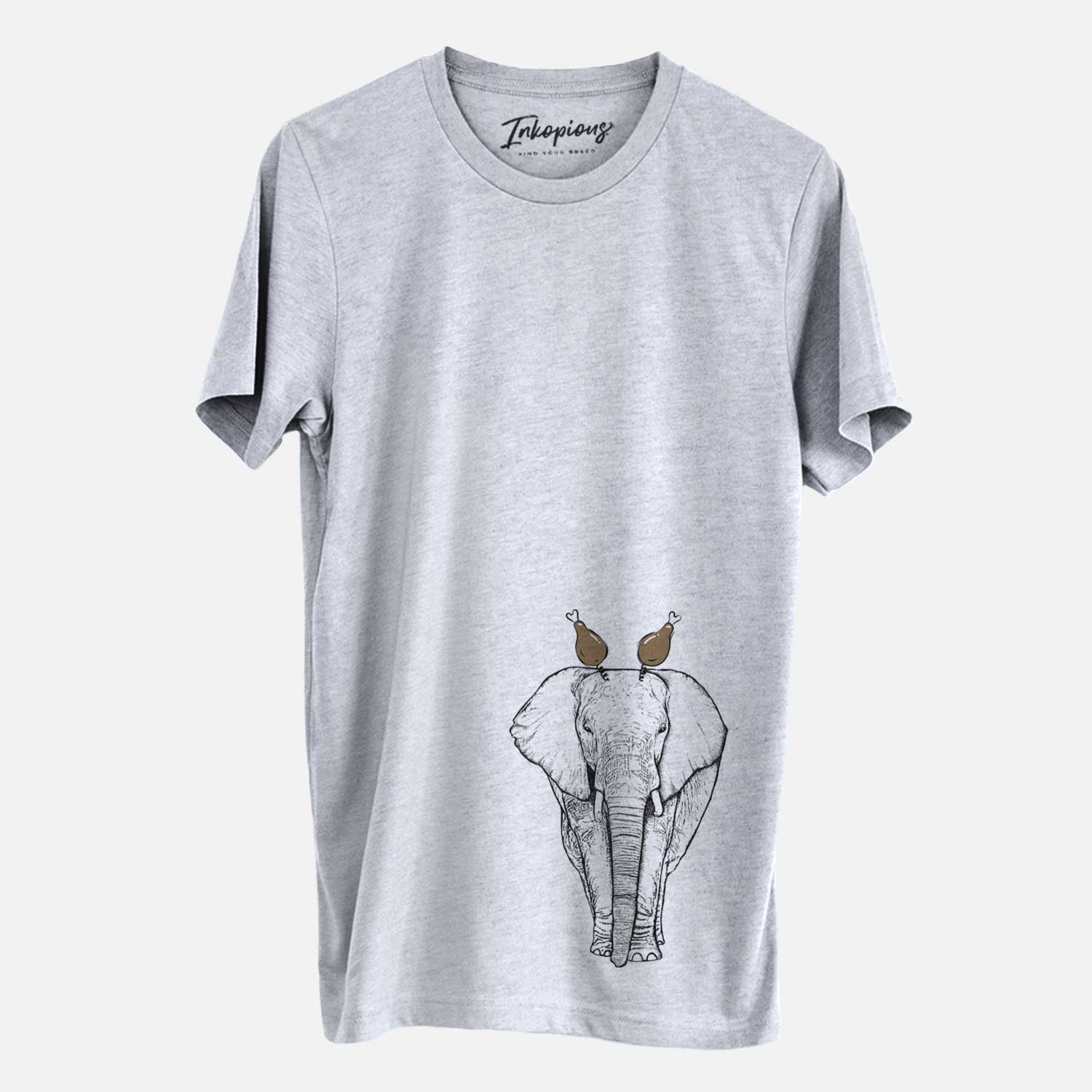 Hand-drawn sketch of Ella the Elephant with a Thanksgiving turkey headpiece on a Grey Unisex crewneck