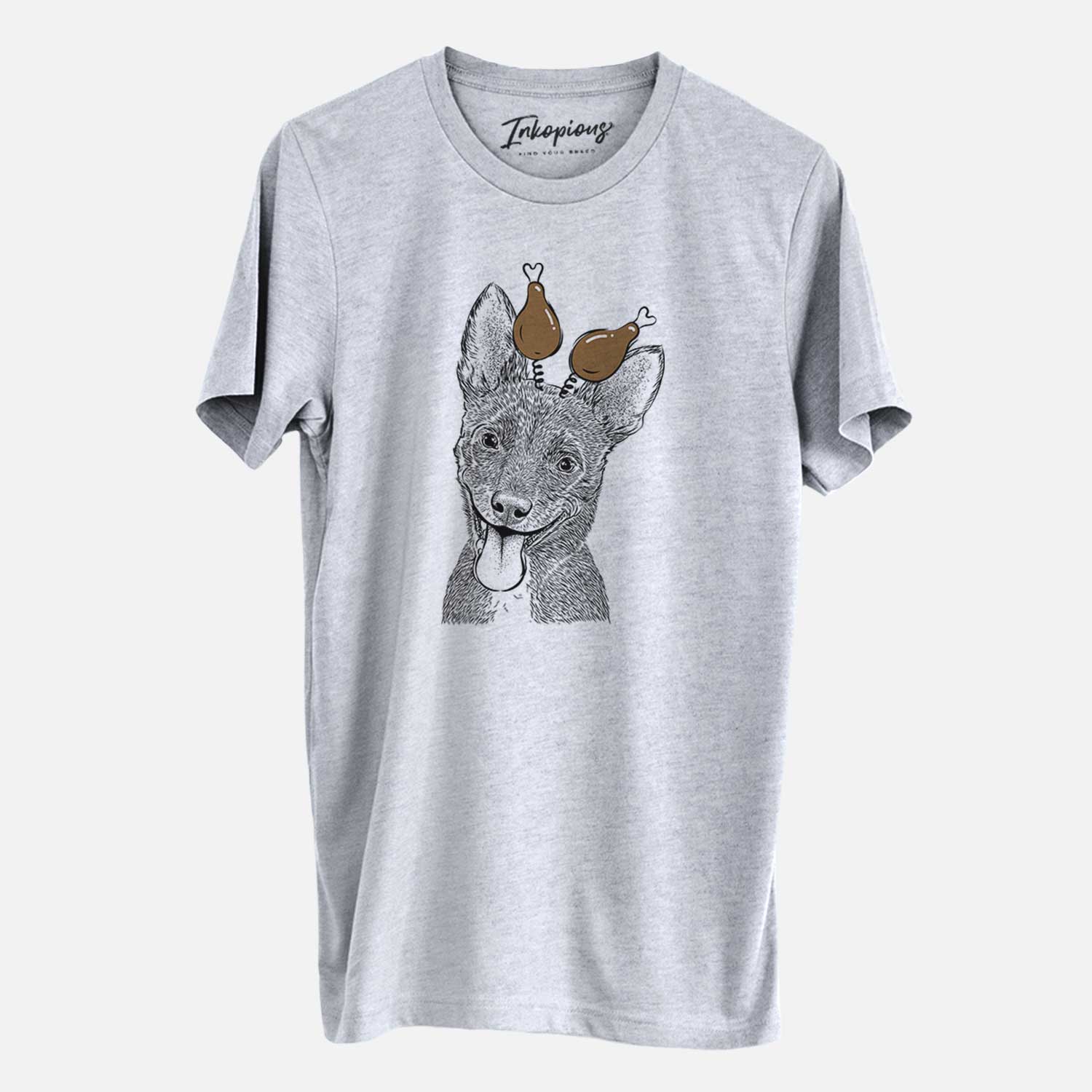 Hand-drawn sketch of Elvira the Terrier Mix with a Thanksgiving turkey headpiece on a Grey Unisex crewneck