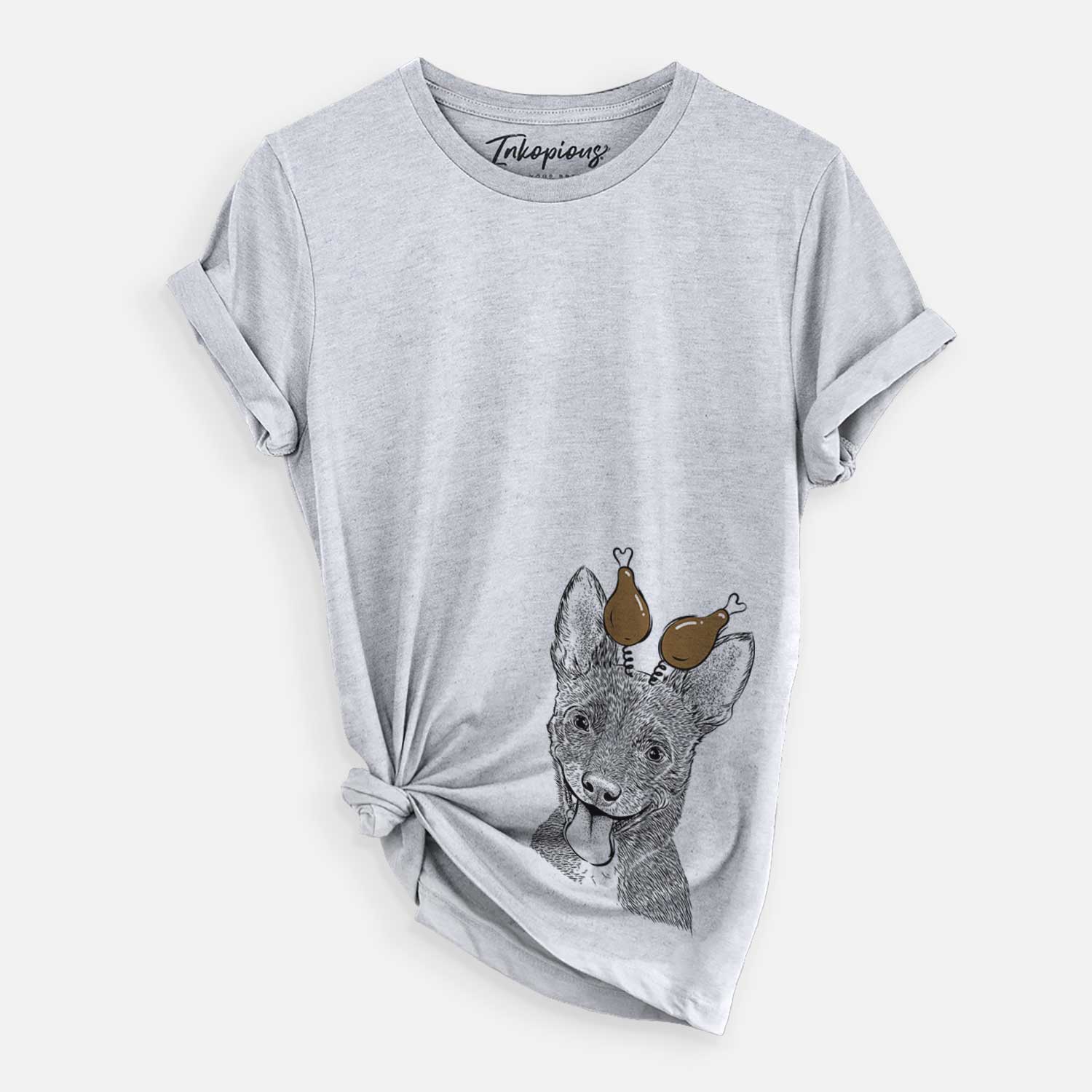 Hand-drawn sketch of Elvira the Terrier Mix with a Thanksgiving turkey headpiece on a Grey Unisex crewneck