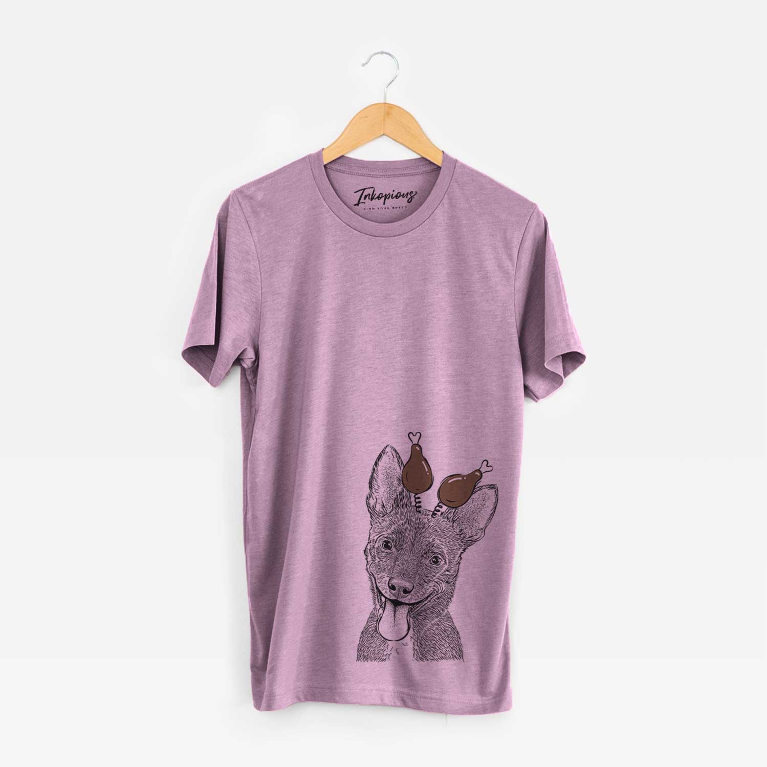 Hand-drawn sketch of Elvira the Terrier Mix with a Thanksgiving turkey headpiece on an Orchid Unisex crewneck