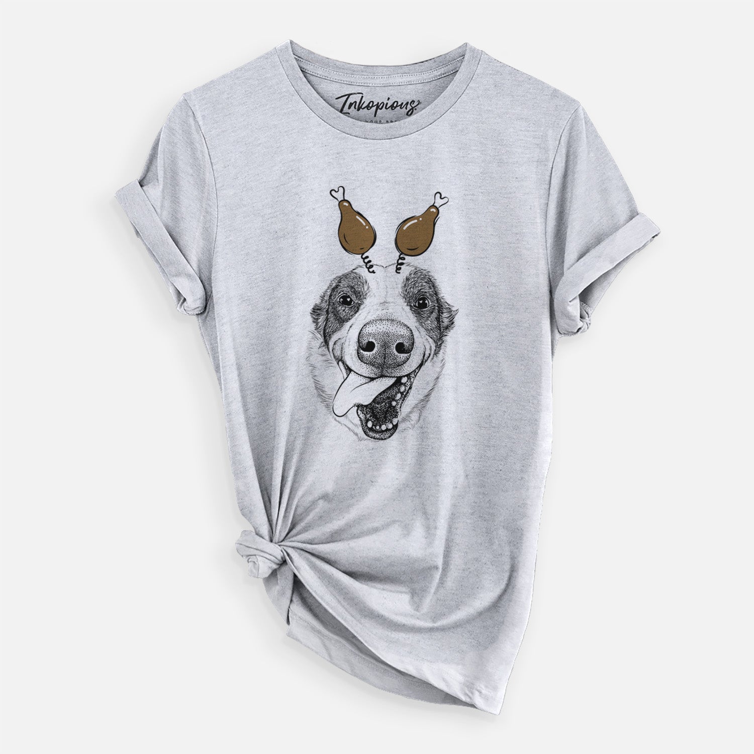 Hand-drawn sketch of Elwood the Border Collie with a Thanksgiving turkey headpiece on a Grey Unisex crewneck