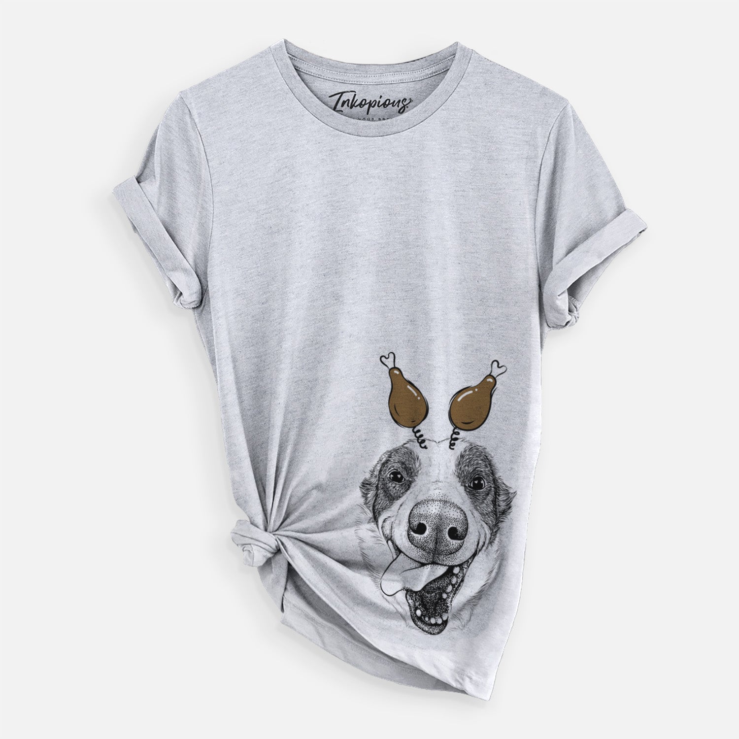 Hand-drawn sketch of Elwood the Border Collie with a Thanksgiving turkey headpiece on a Grey Unisex crewneck