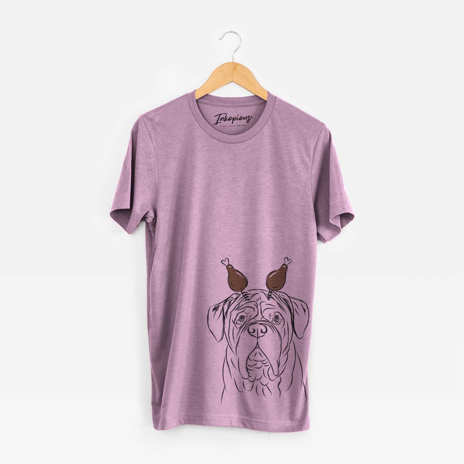 Hand-drawn sketch of Felix the Dogue de Bordeaux with a Thanksgiving turkey headpiece on an Orchid Unisex crewneck