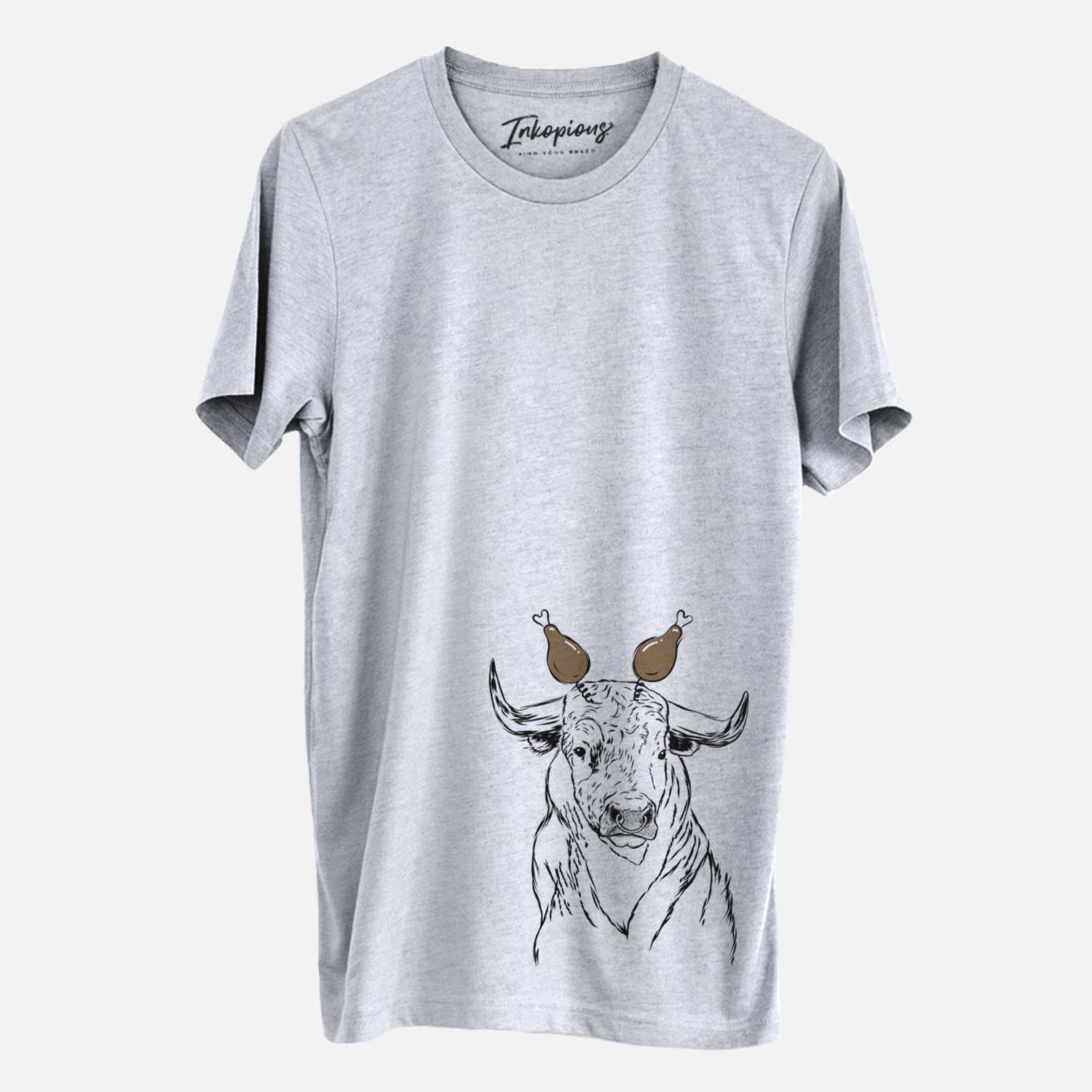 Hand-drawn sketch of Ferdinand the Bull with a Thanksgiving turkey headpiece on a Grey Unisex crewneck