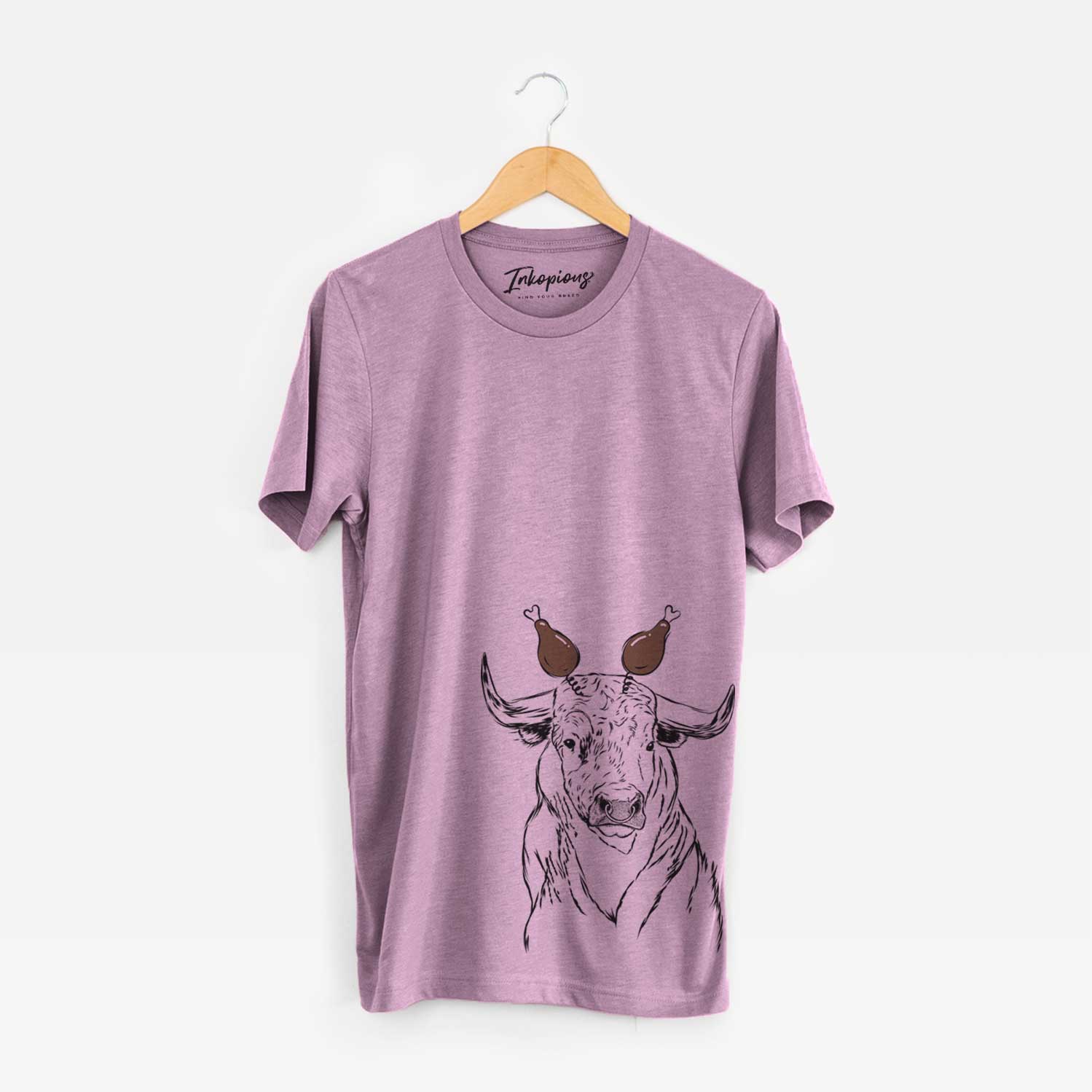 Hand-drawn sketch of Ferdinand the Bull with a Thanksgiving turkey headpiece on an Orchid Unisex crewneck