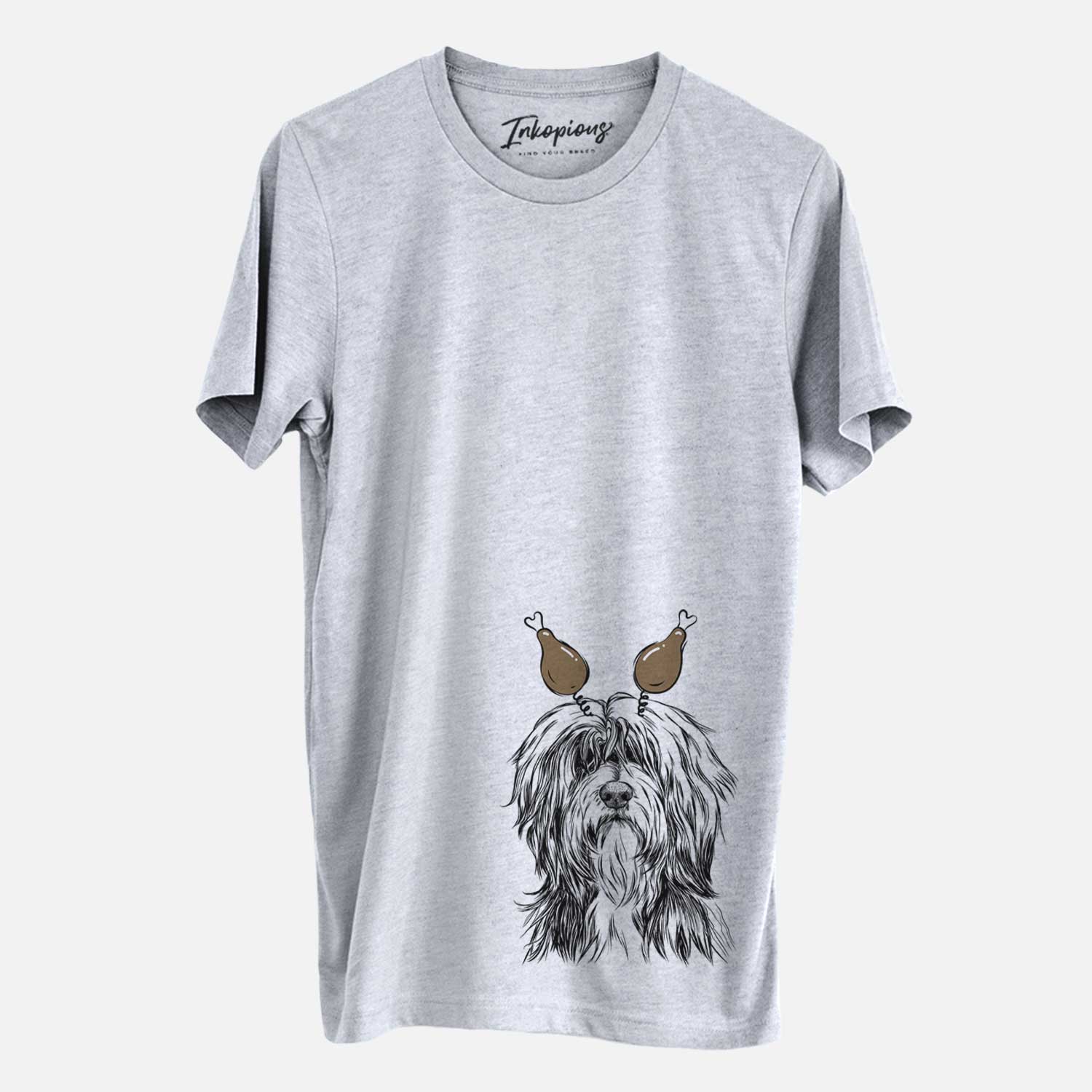 Hand-drawn sketch of Fiji the Polish Lowland Sheepdog with a Thanksgiving turkey headpiece on a Grey Unisex crewneck