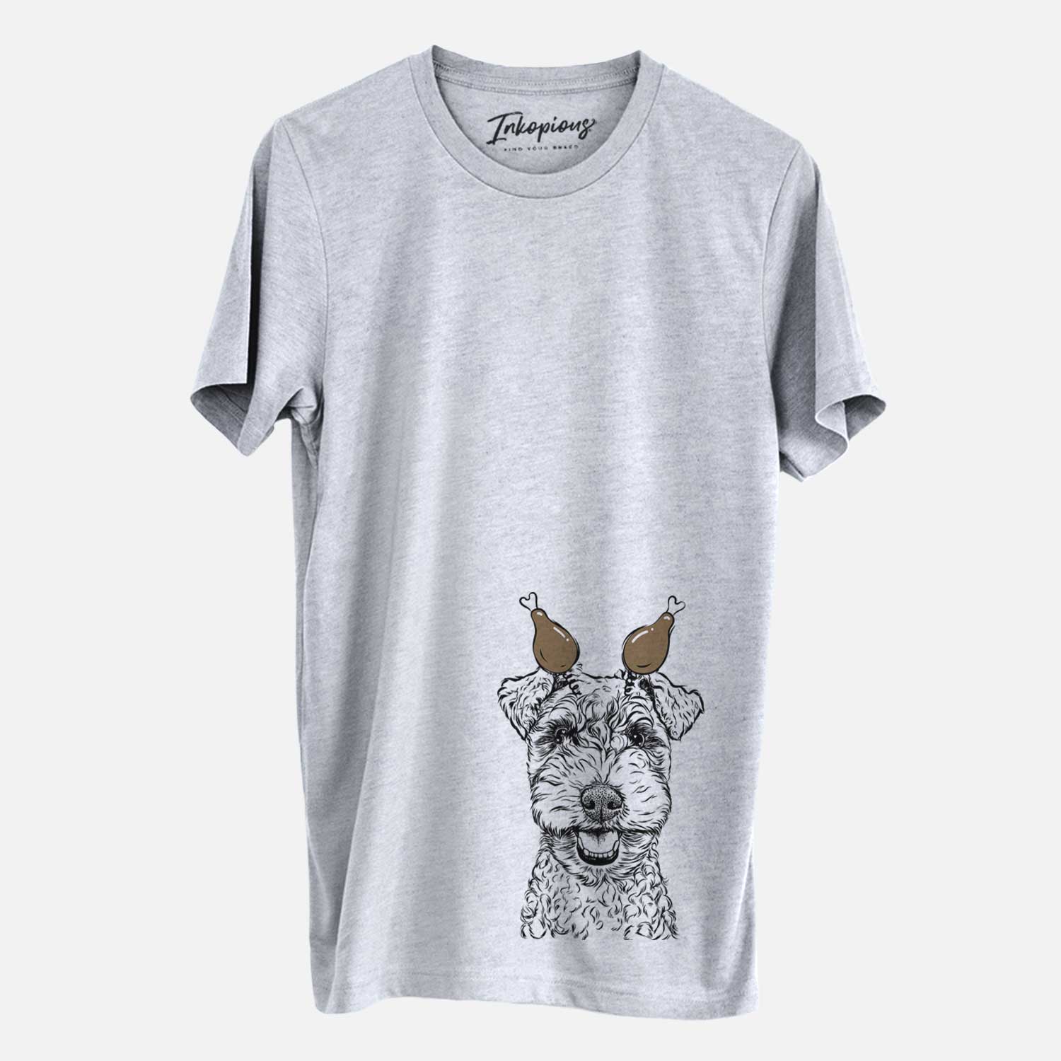 Hand-drawn sketch of Fintan the Irish Troodle with a Thanksgiving turkey headpiece on a Grey Unisex crewneck