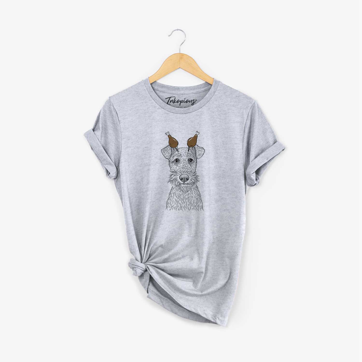 Hand-drawn sketch of Fitz the Wire Fox Terrier with a Thanksgiving turkey headpiece on a Grey Unisex crewneck