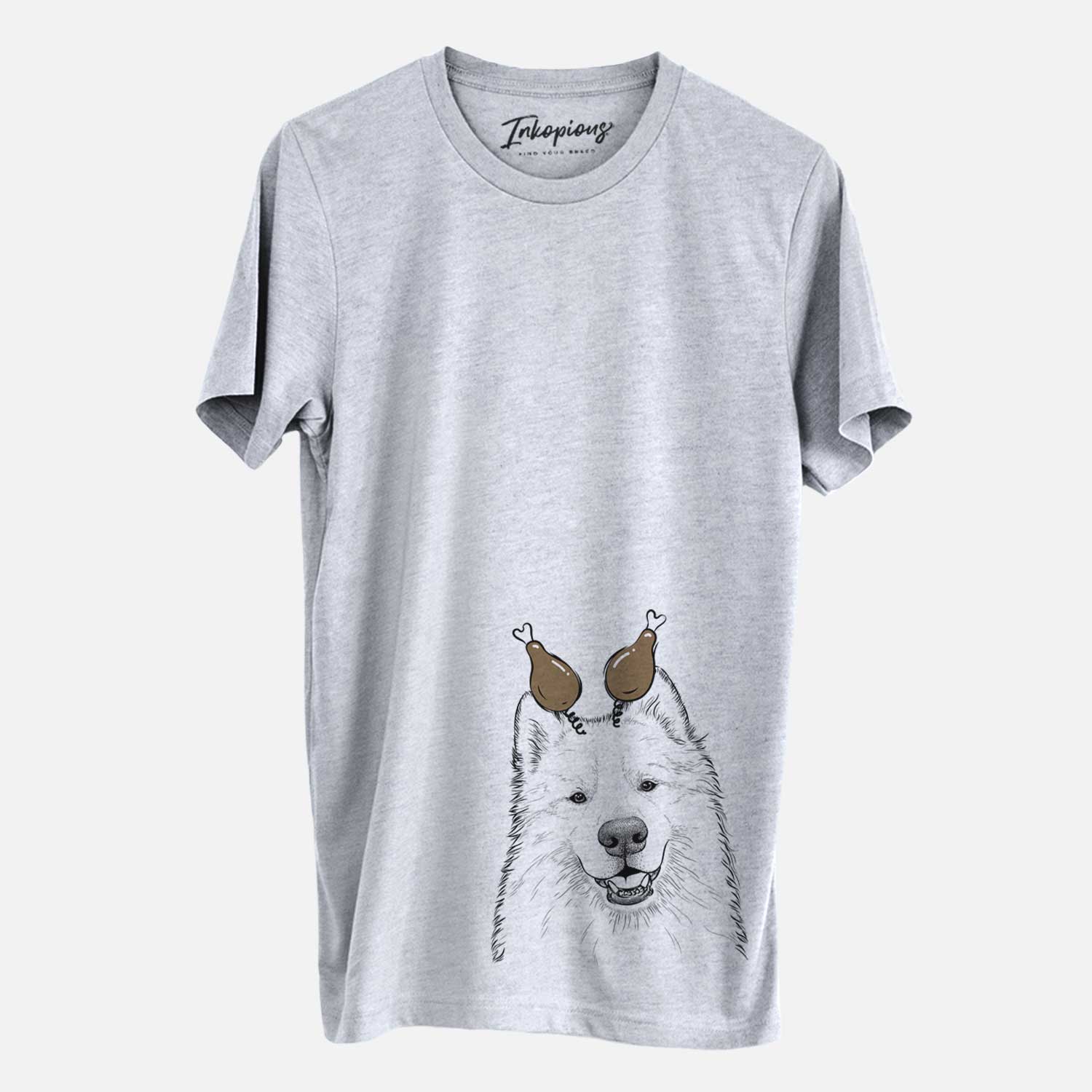 Hand-drawn sketch of Foster the Samoyed with a Thanksgiving turkey headpiece on a Grey Unisex crewneck