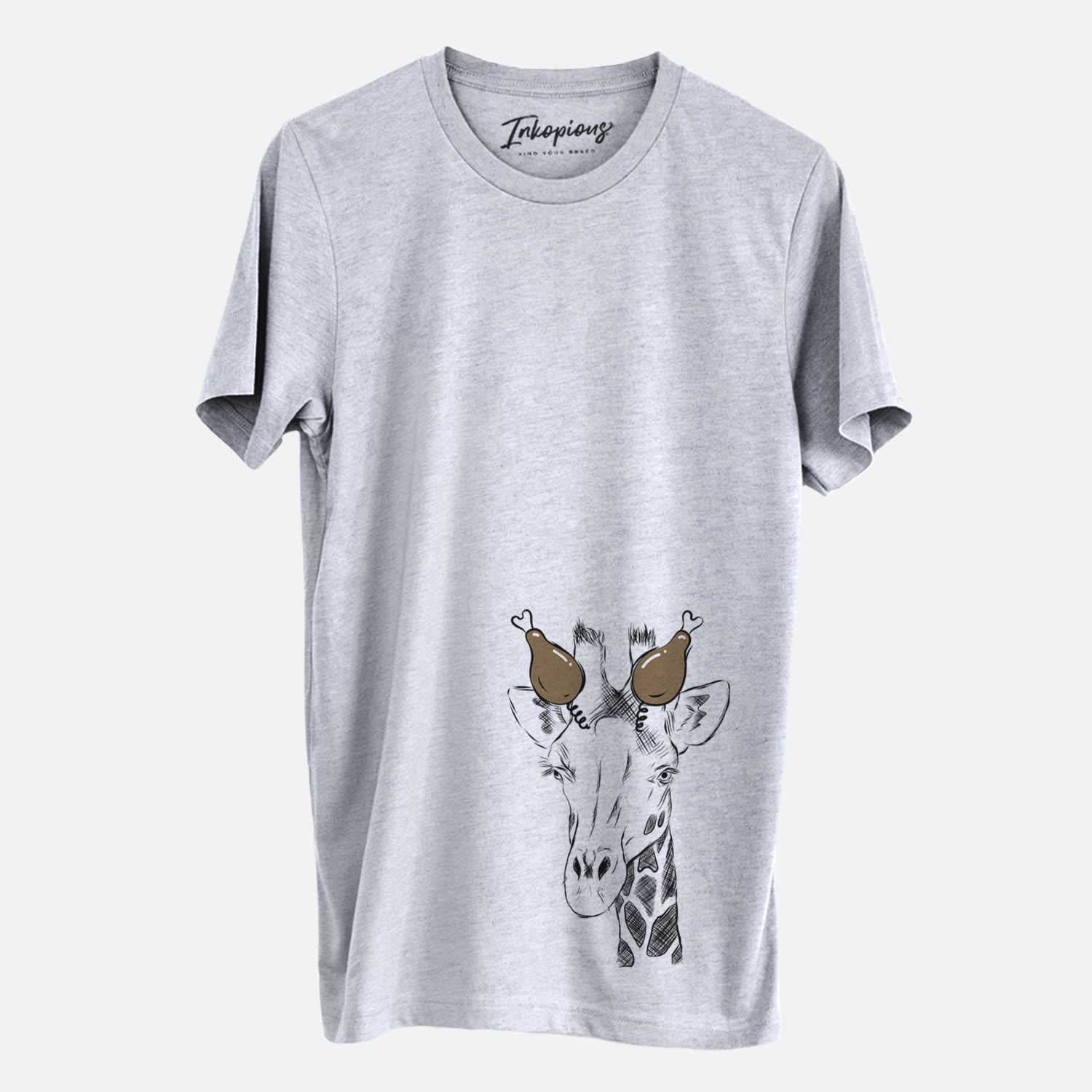 Hand-drawn sketch of Geoffrey the Giraffe with a Thanksgiving turkey headpiece on a Grey Unisex crewneck