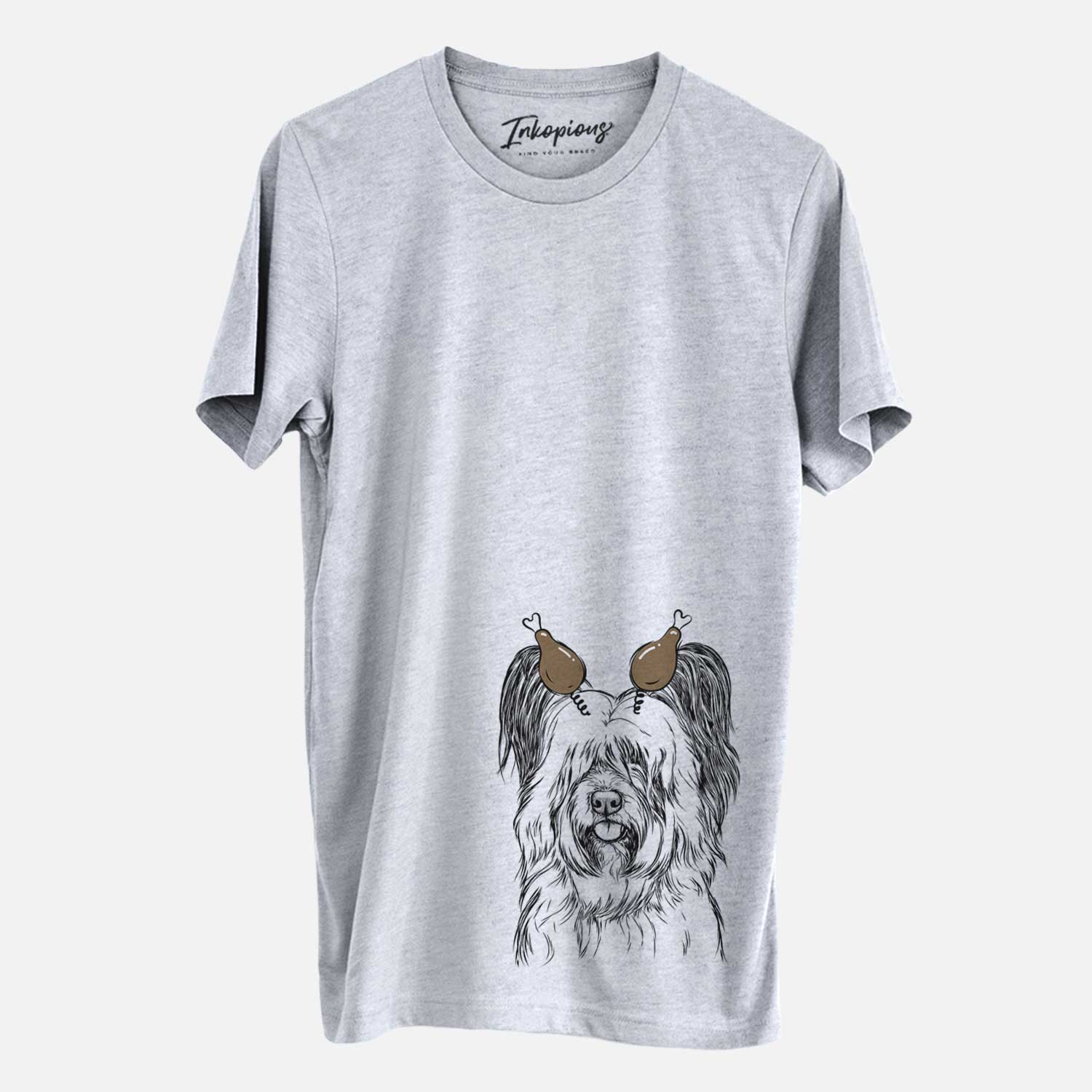 Hand-drawn sketch of Gideon the Skye Terrier with a Thanksgiving turkey headpiece on a Grey Unisex crewneck