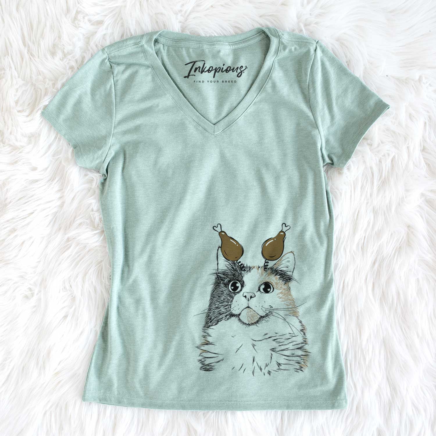 Thanksgiving Greta the Calico Cat - Women's V-neck Shirt