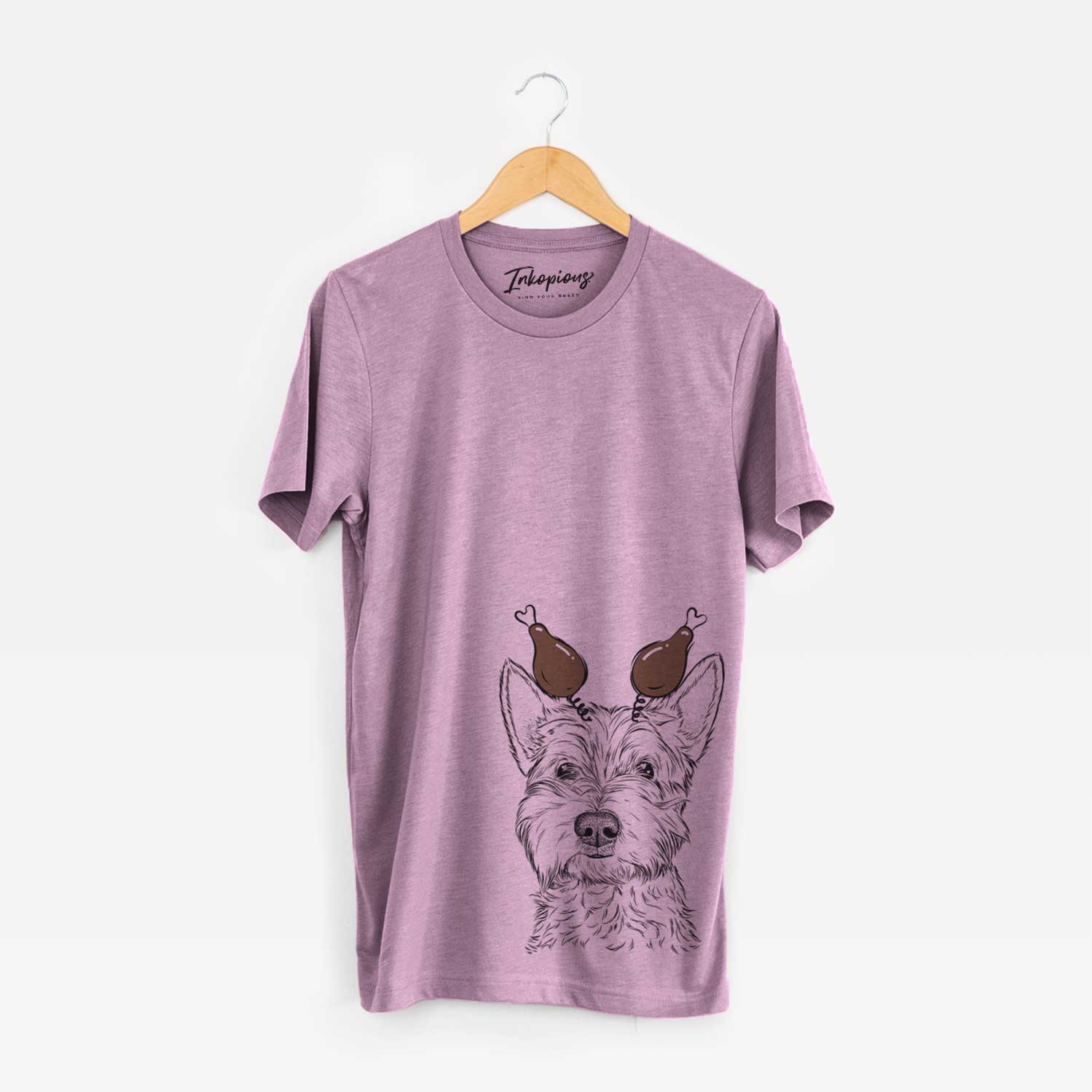 Hand-drawn sketch of Grizel the West Highland Terrier with a Thanksgiving turkey headpiece on an Orchid Unisex crewneck