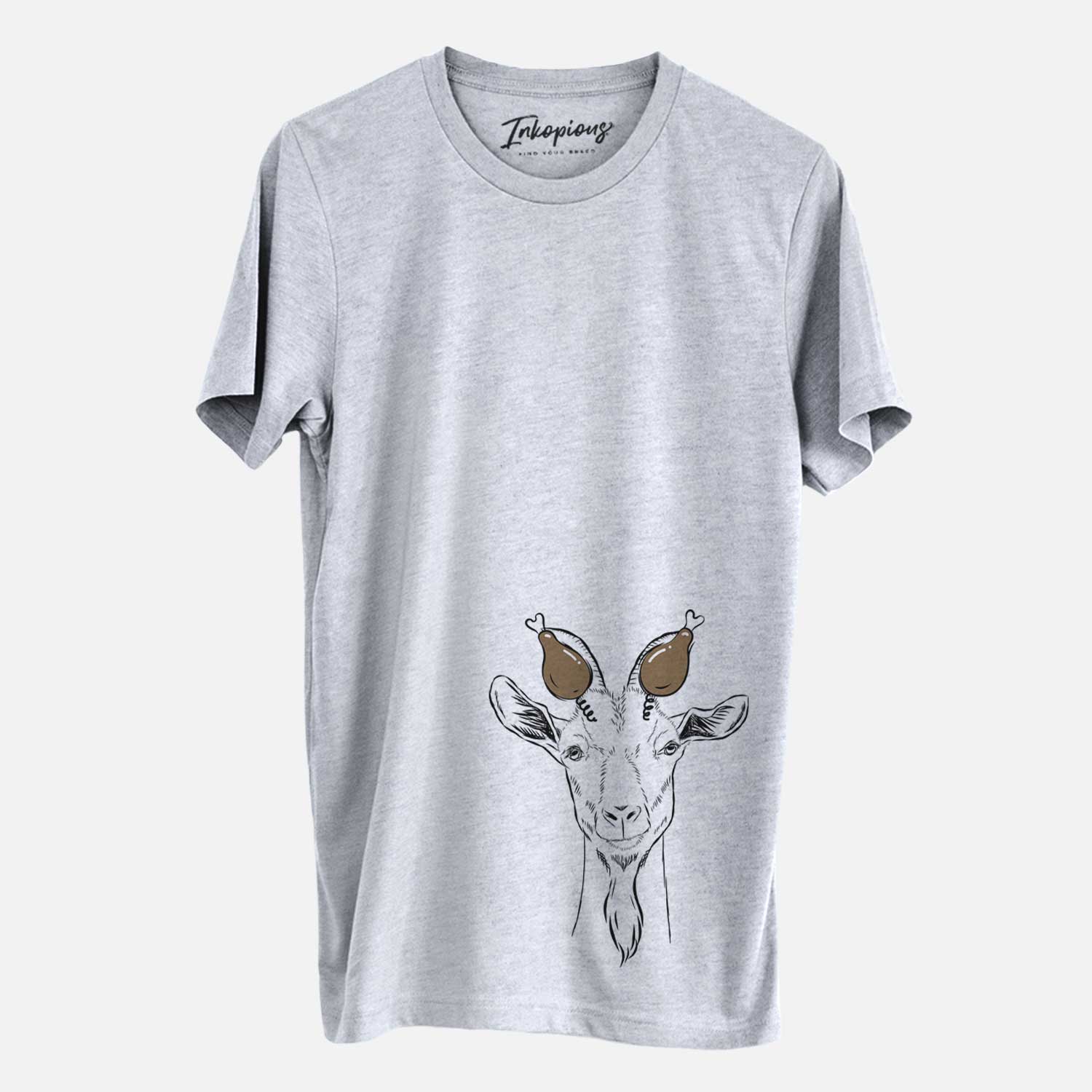 Hand-drawn sketch of Gunnar the Goat with a Thanksgiving turkey headpiece on a Grey Unisex crewneck
