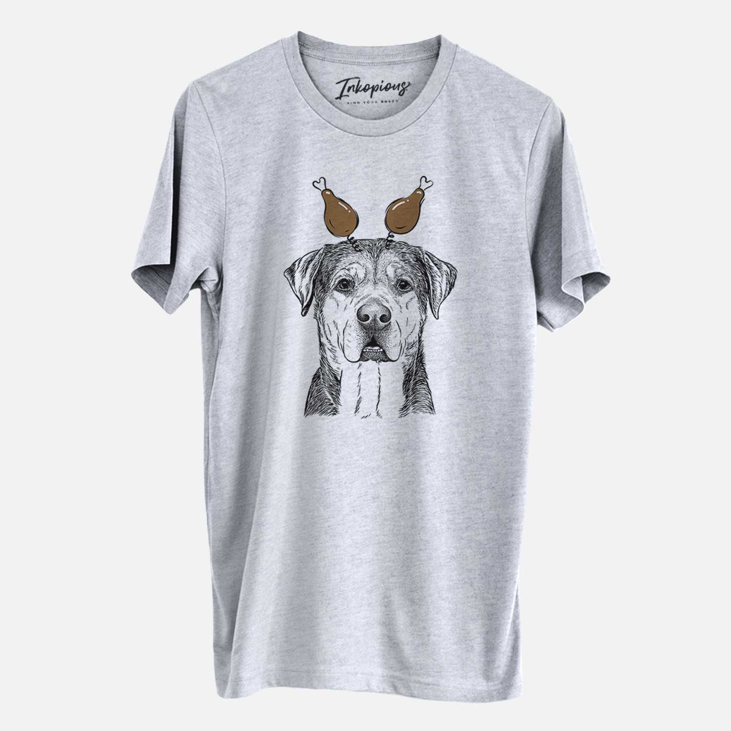 Hand-drawn sketch of Gus the Rottweiler Mix with a Thanksgiving turkey headpiece on a Grey Unisex crewneck