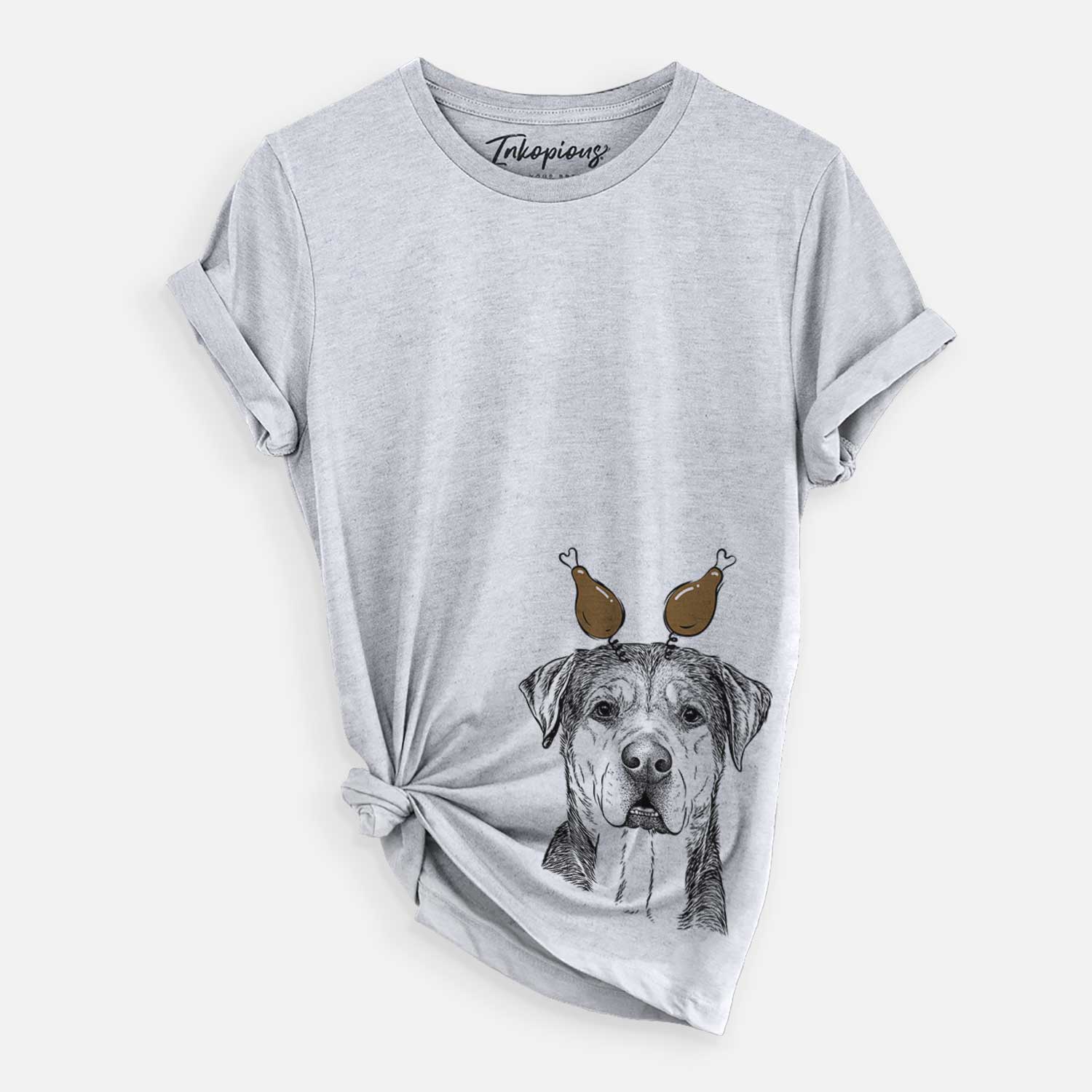 Hand-drawn sketch of Gus the Rottweiler Mix with a Thanksgiving turkey headpiece on a Grey Unisex crewneck