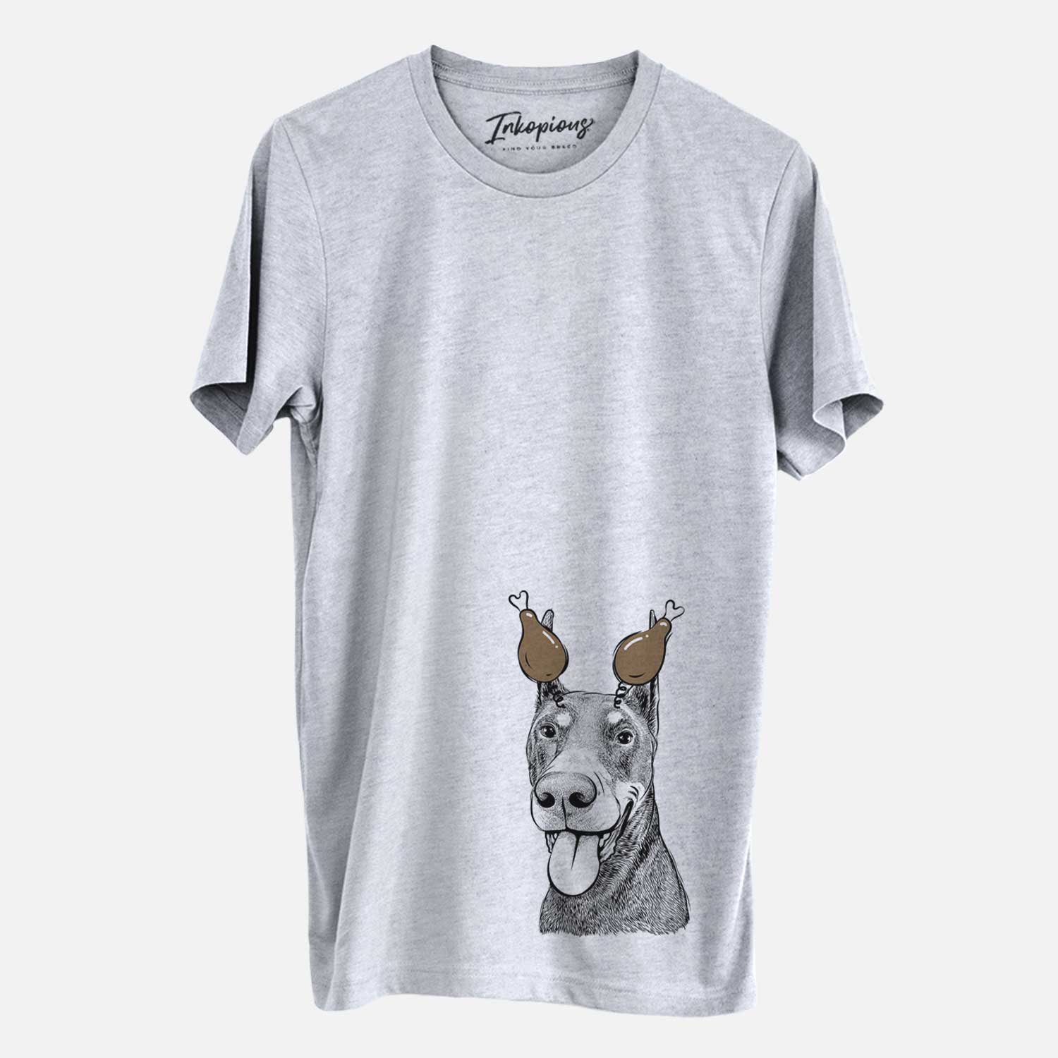 Hand-drawn sketch of Happy Sunny the Doberman Pinscher with a Thanksgiving turkey headpiece on a Grey Unisex crewneck