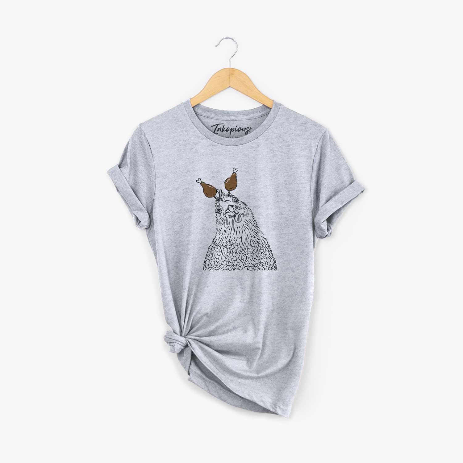 Hand-drawn sketch of Henrietta the Chicken with a Thanksgiving turkey headpiece on a Grey Unisex crewneck