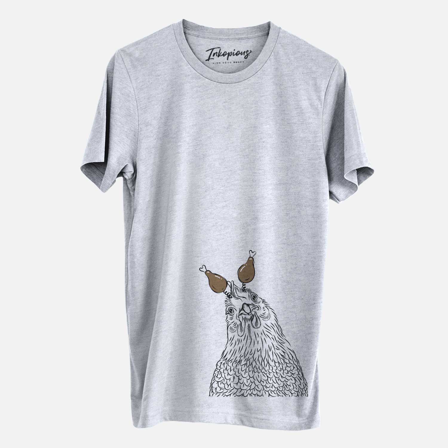Hand-drawn sketch of Henrietta the Chicken with a Thanksgiving turkey headpiece on a Grey Unisex crewneck
