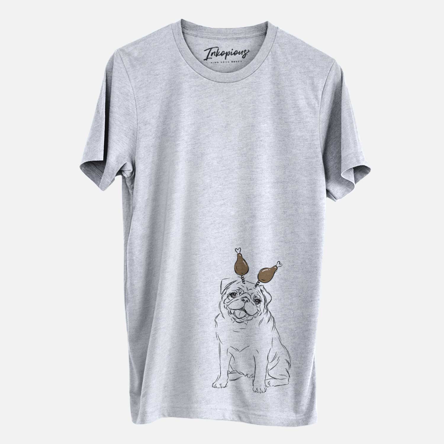 Hand-drawn sketch of Higgins the Pug with a Thanksgiving turkey headpiece on a Grey Unisex crewneck