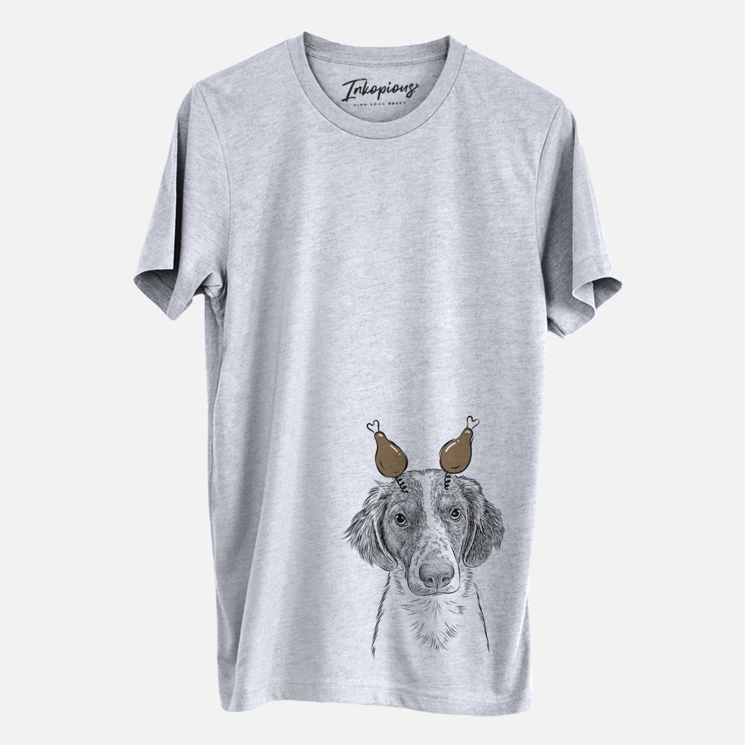 Hand-drawn sketch of Holly the Brittany Spaniel with a Thanksgiving turkey headpiece on a Grey Unisex crewneck