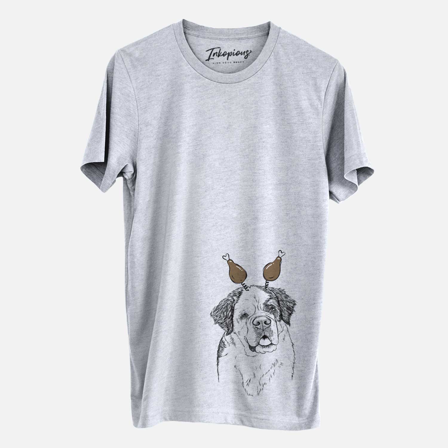 Hand-drawn sketch of Hook the Saint Bernard with a Thanksgiving turkey headpiece on a Grey Unisex crewneck