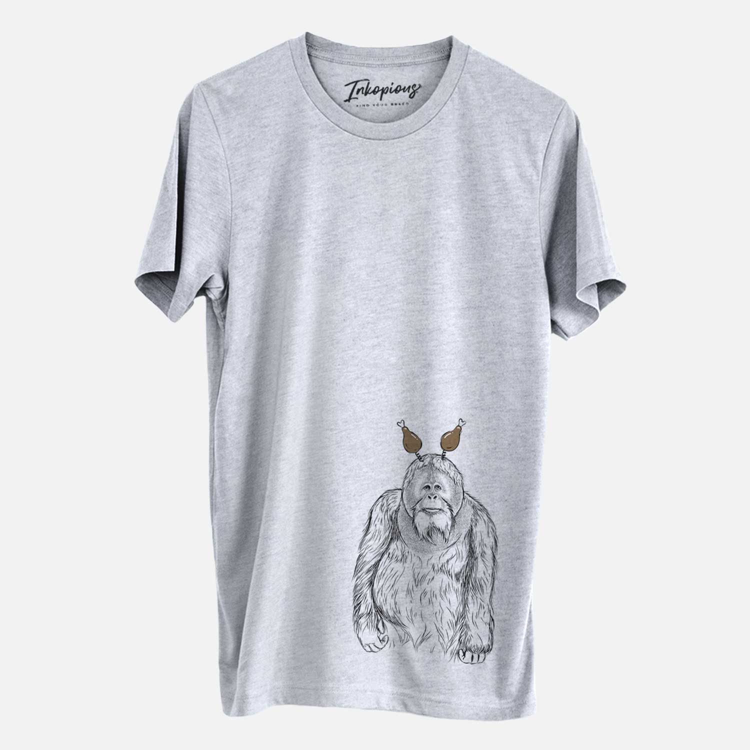 Hand-drawn sketch of Horace the Male Orangutan with a Thanksgiving turkey headpiece on a Grey Unisex crewneck