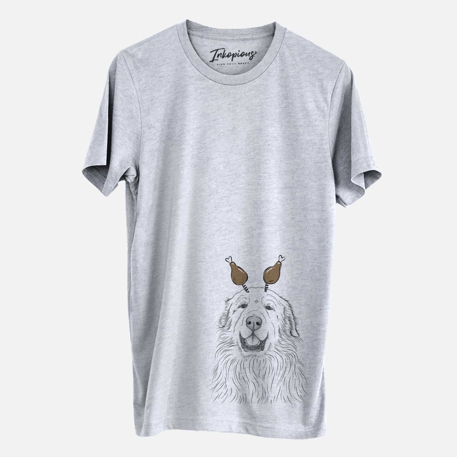 Hand-drawn sketch of Horton the Great Pyrenees with a Thanksgiving turkey headpiece on a Grey Unisex crewneck