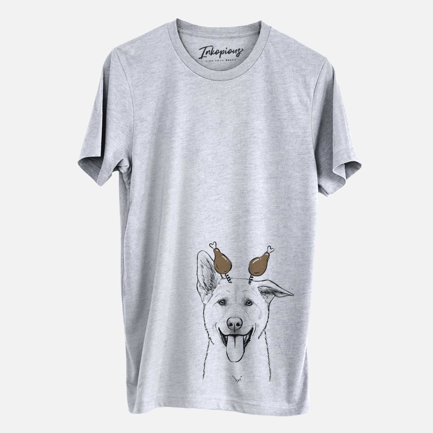 Hand-drawn sketch of Hoya the Korean Jindo with a Thanksgiving turkey headpiece on a Grey Unisex crewneck