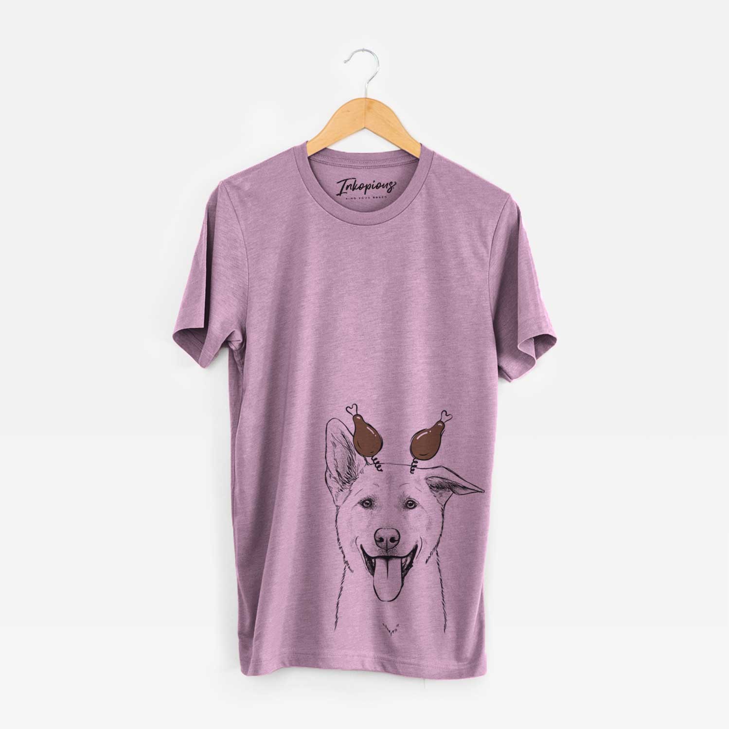 Hand-drawn sketch of Hoya the Korean Jindo with a Thanksgiving turkey headpiece on an Orchid Unisex crewneck