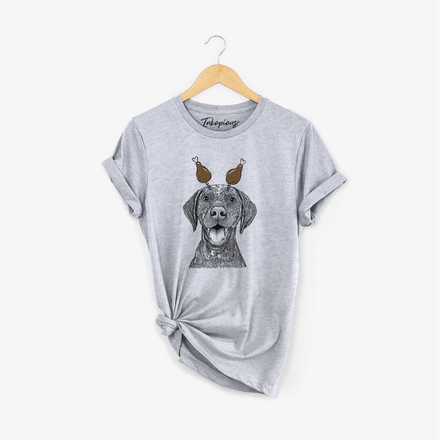 Hand-drawn sketch of Hudson the German Shorthaired Pointer with a Thanksgiving turkey headpiece on a Grey Unisex crewneck