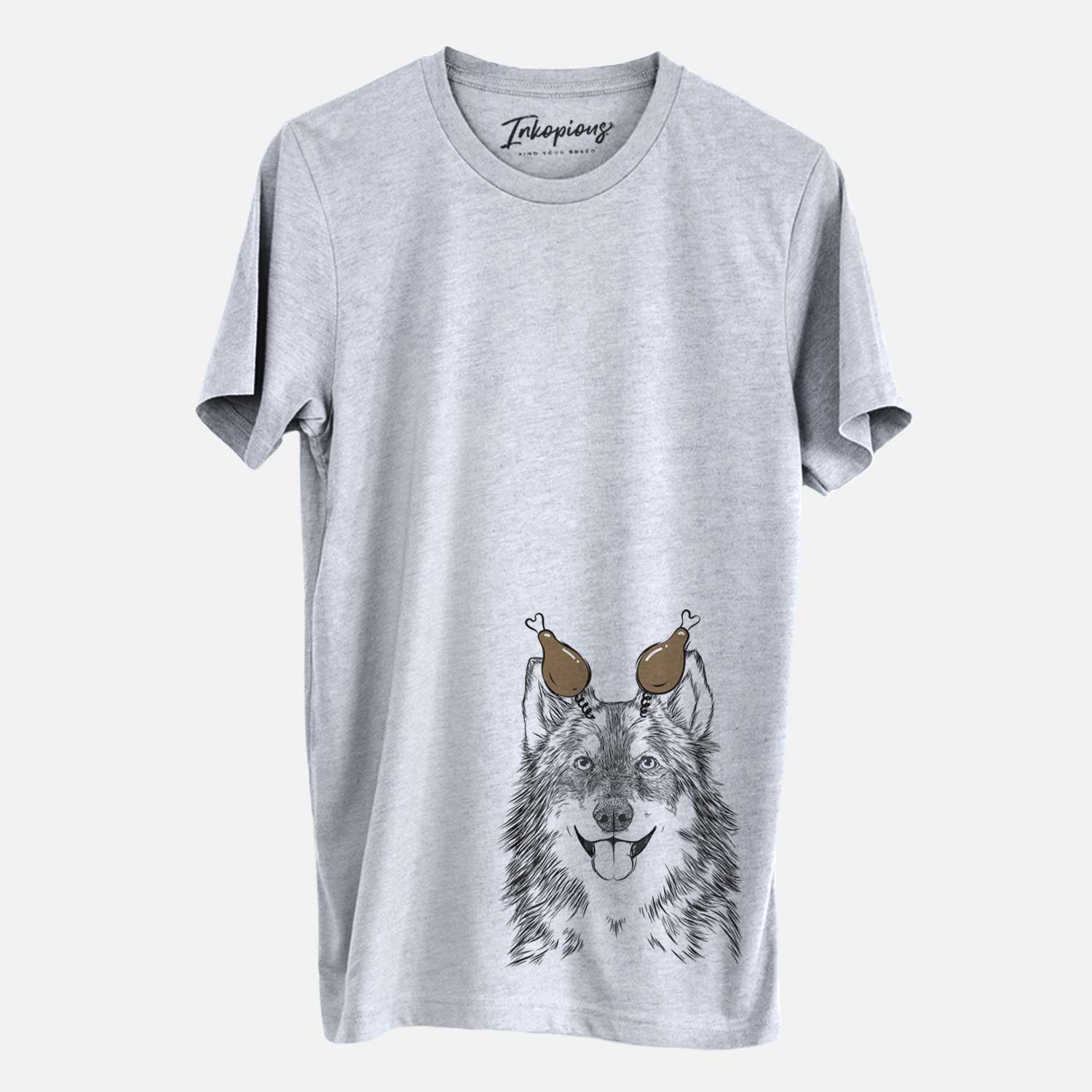 Hand-drawn sketch of Iben the Utonagan with a Thanksgiving turkey headpiece on a Grey Unisex crewneck