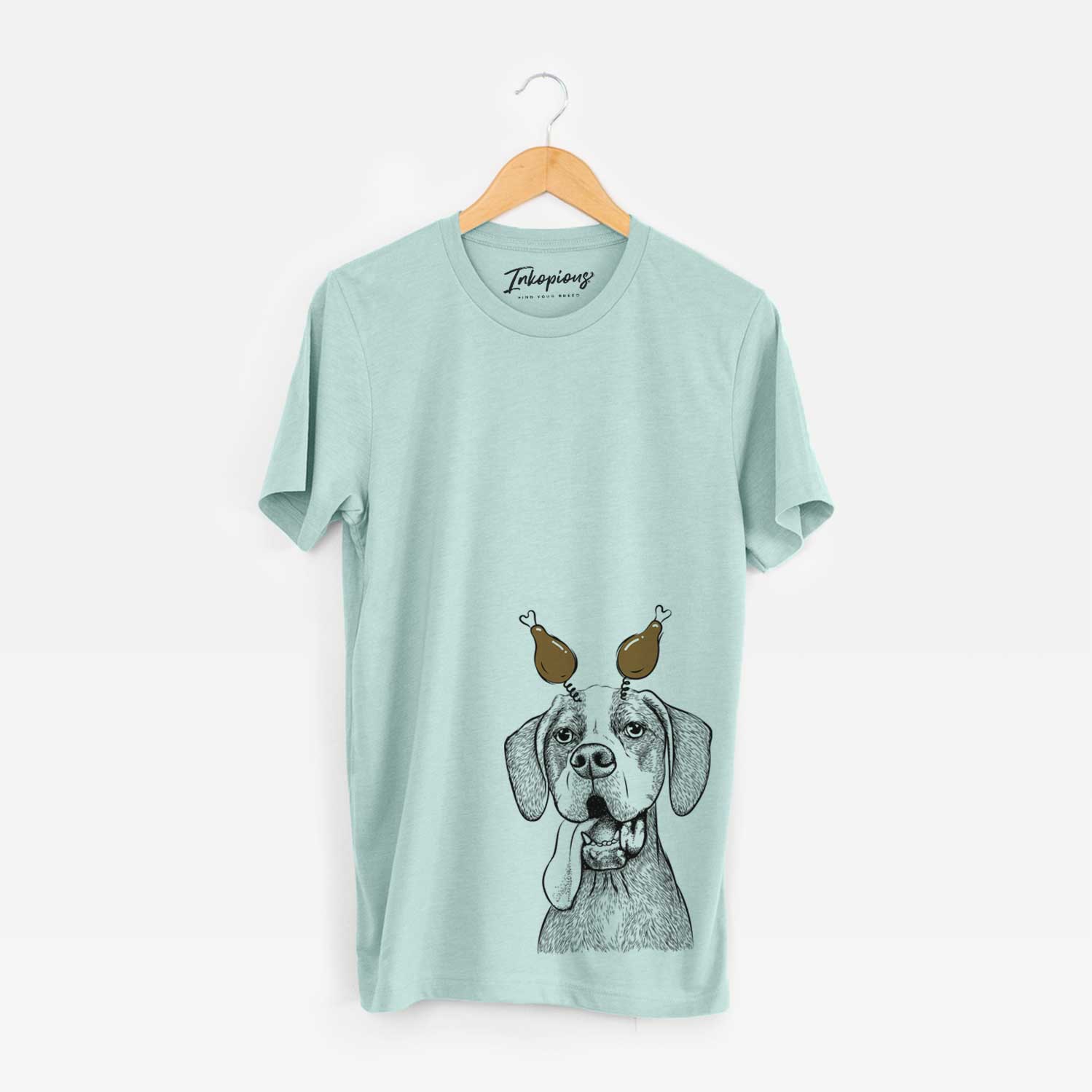 Hand-drawn sketch of Irwin the English Pointer with a Thanksgiving turkey headpiece on a Heather Sage Unisex crewneck