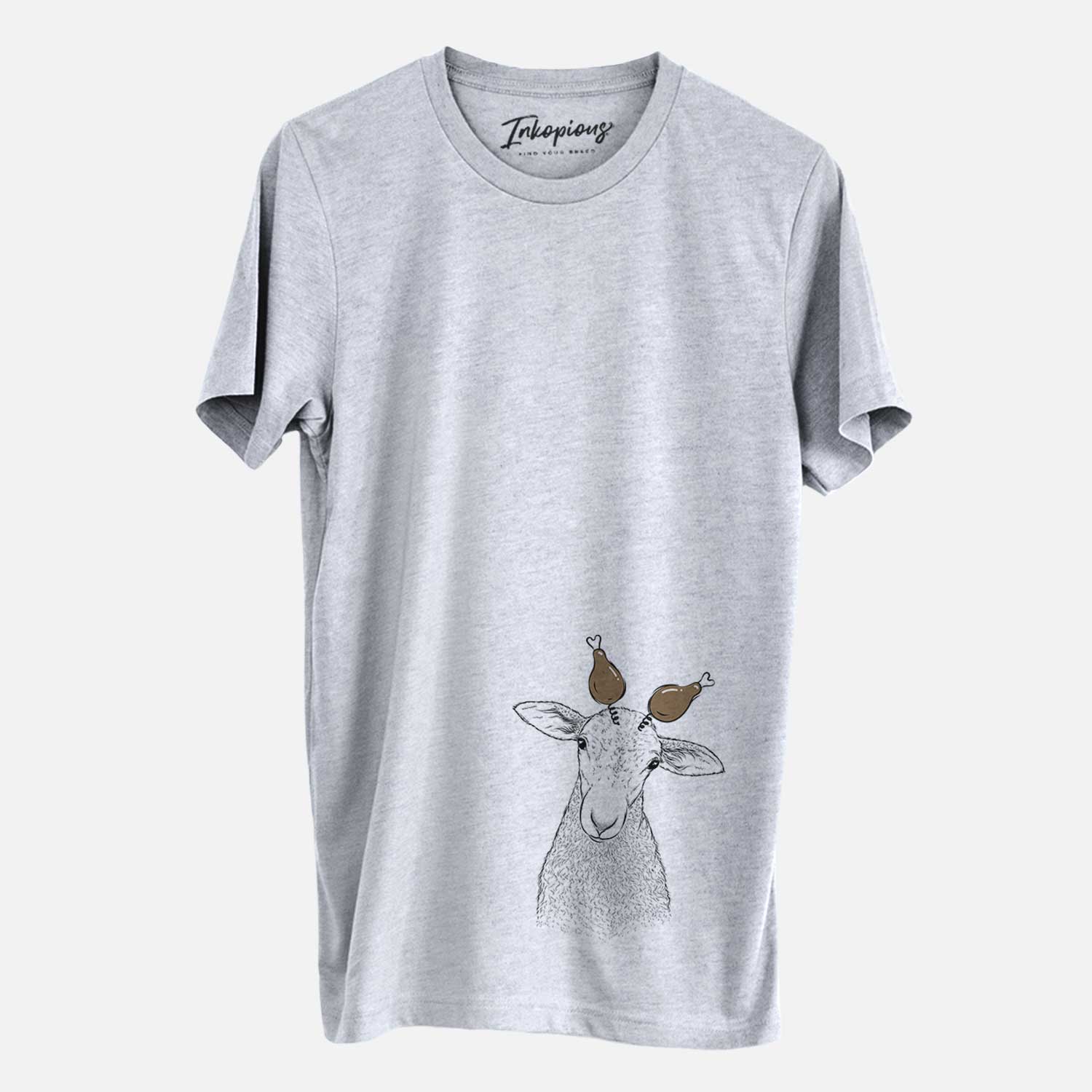 Hand-drawn sketch of Ivy the Lamb with a Thanksgiving turkey headpiece on a Grey Unisex crewneck