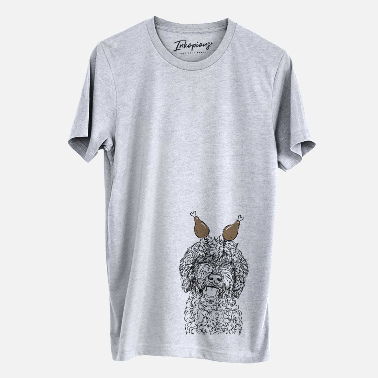 Hand-drawn sketch of Jack the Chocolate Labradoodle with a Thanksgiving turkey headpiece on a Grey Unisex crewneck