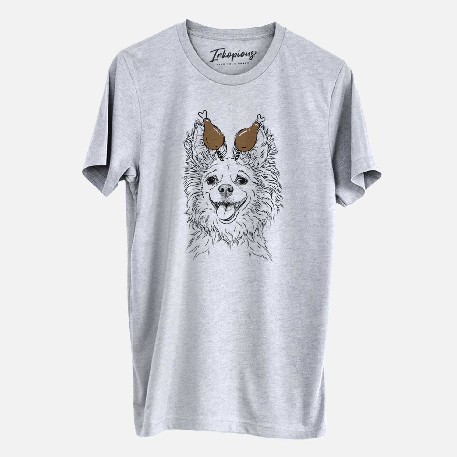 Hand-drawn sketch of Jasper the Pomchi with a Thanksgiving turkey headpiece on a Grey Unisex crewneck